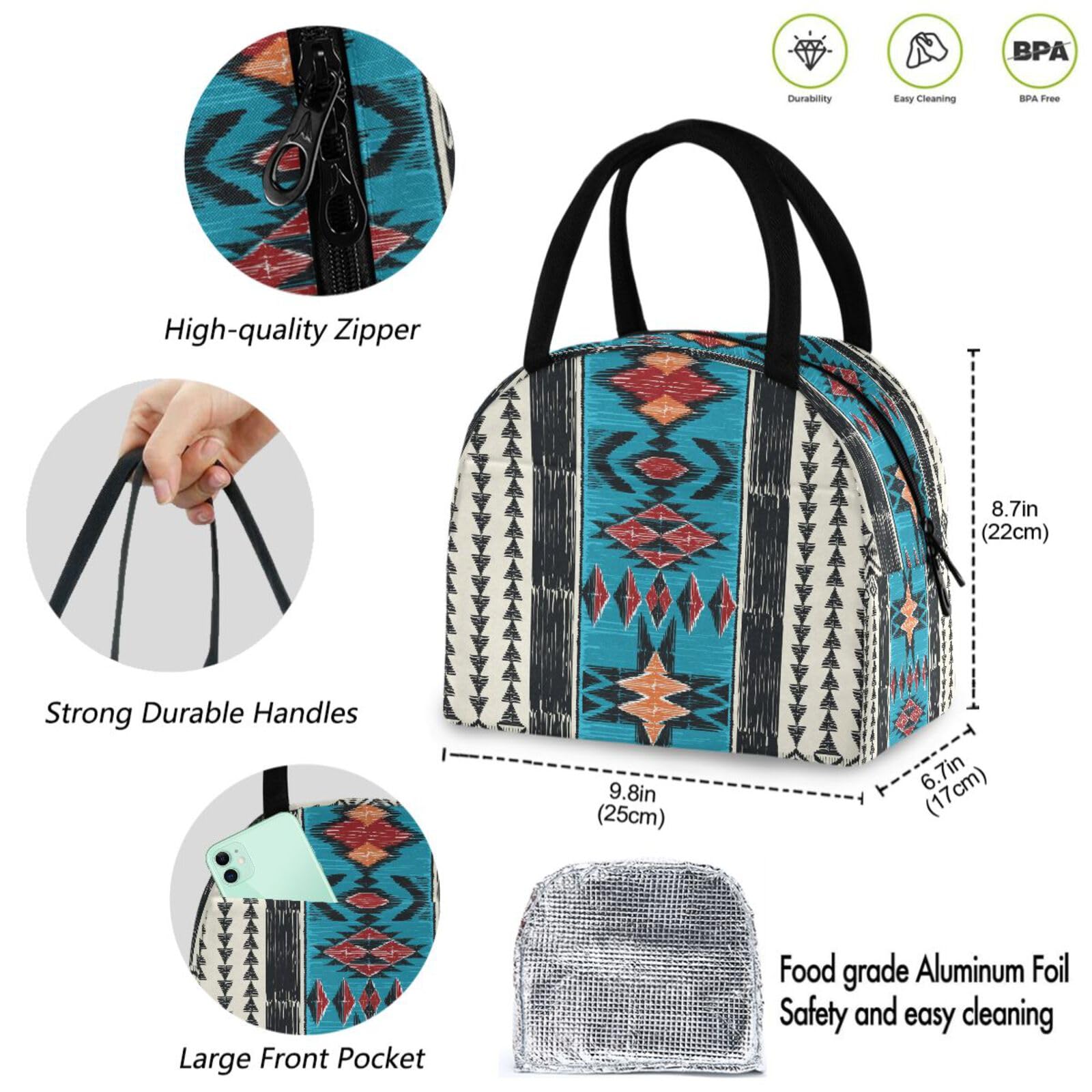 ZzWwR Wiederverwendbare Lunchtasche mit Azteken-Muster, mit Fronttasche, Reißverschluss, isoliert, Thermo-Kühltasche, für Arbeit, Picknick, Reisen, Strand, Angeln