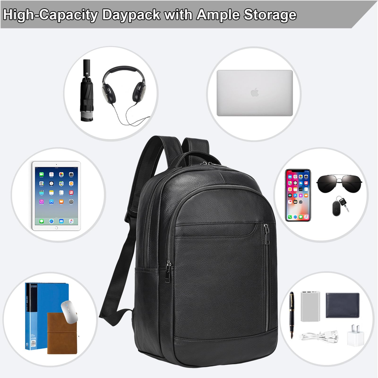 Zaino per computer portatile da 15,6 pollici in vera pelle, multi tasca, sottile, borsa a tracolla per viaggi d'affari, A16-nero, Free size, Casual