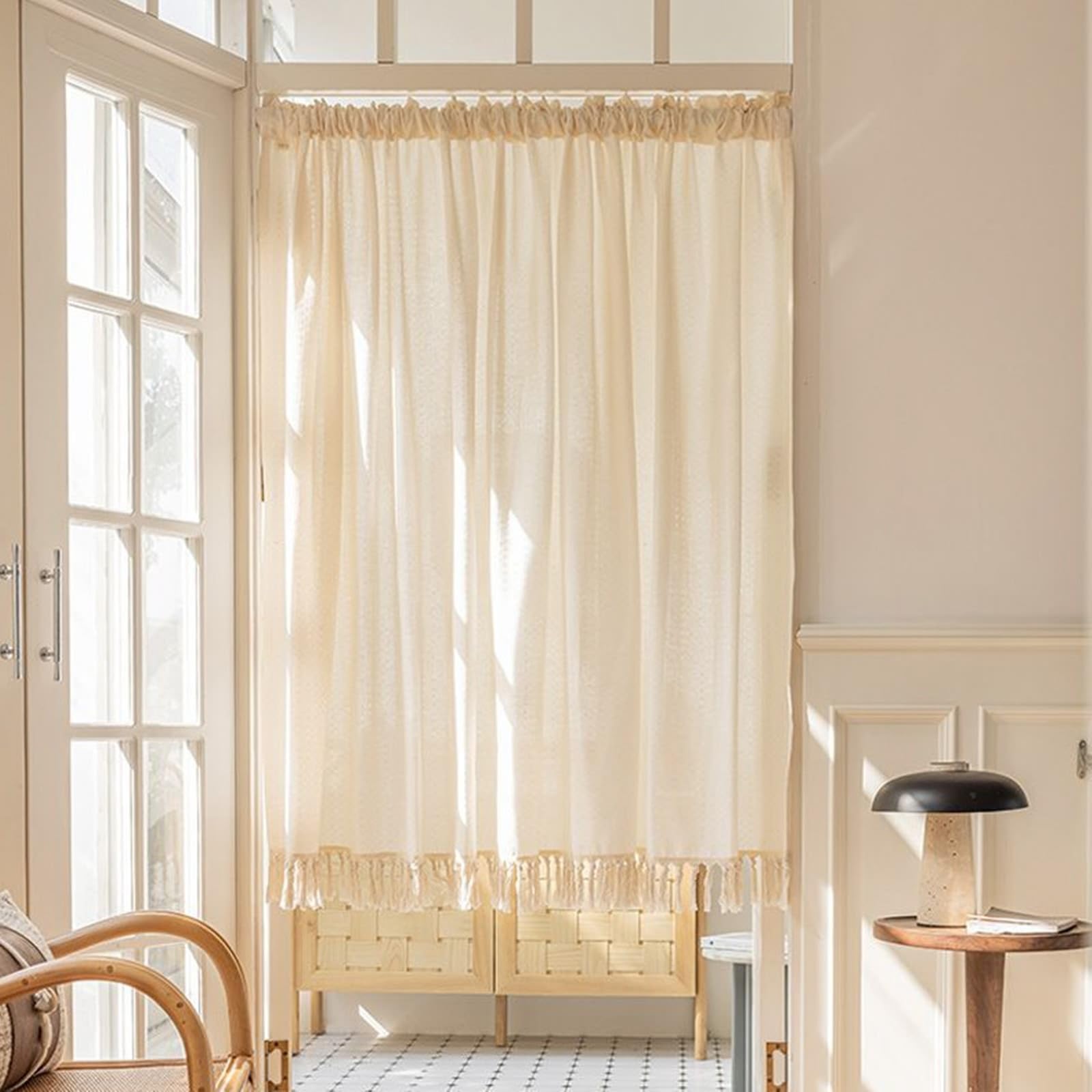 Visillo de voile de lino y algodón KnSam, cortina corta de 140x90 cm beige