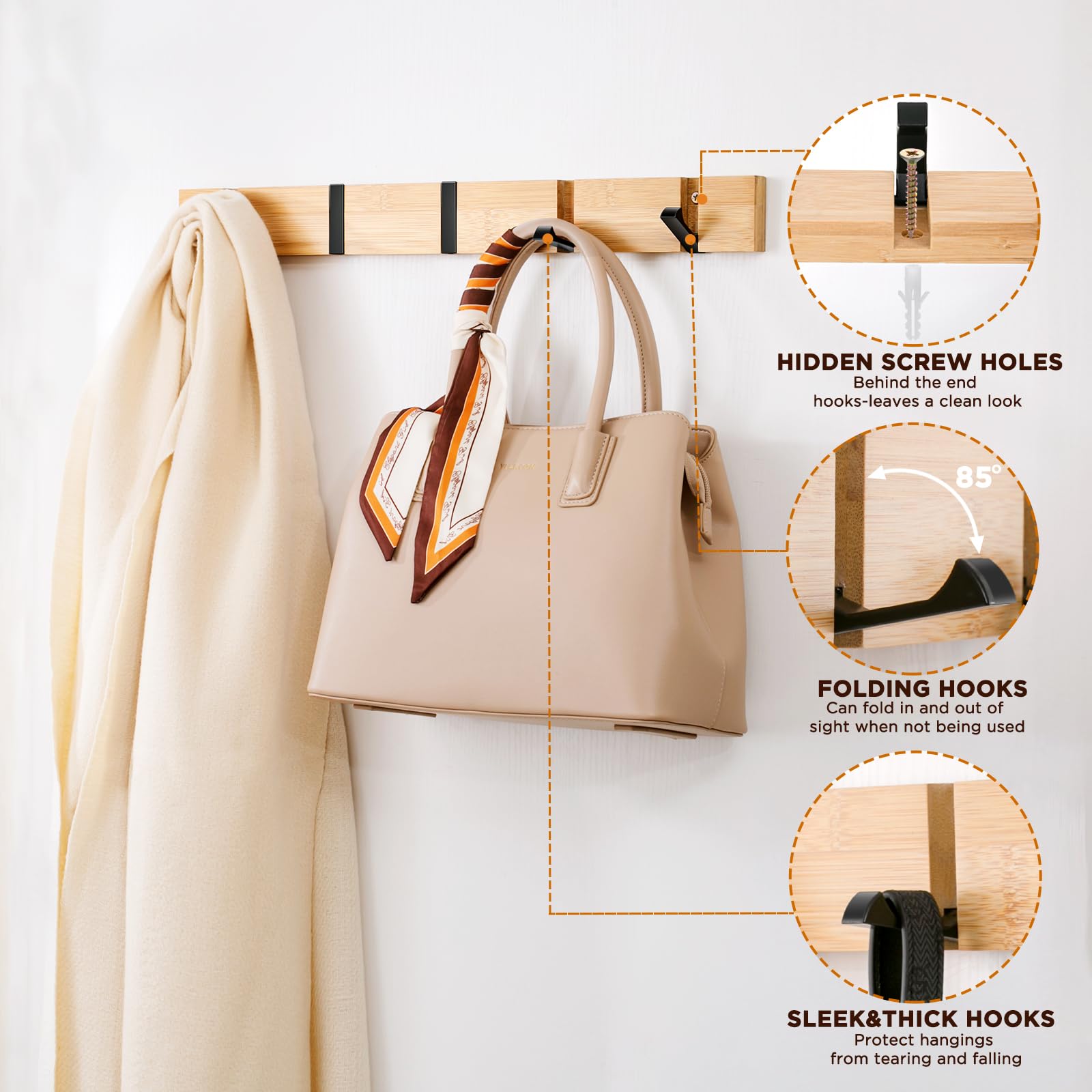 DAFEN Wooden Wall Mounted Folding Rack, Modern Wall Floating Coat Hook Rack Space-Saving Coat Hanger for Coats, Hats, Scarves, Key (Wooden 5 Hooks)