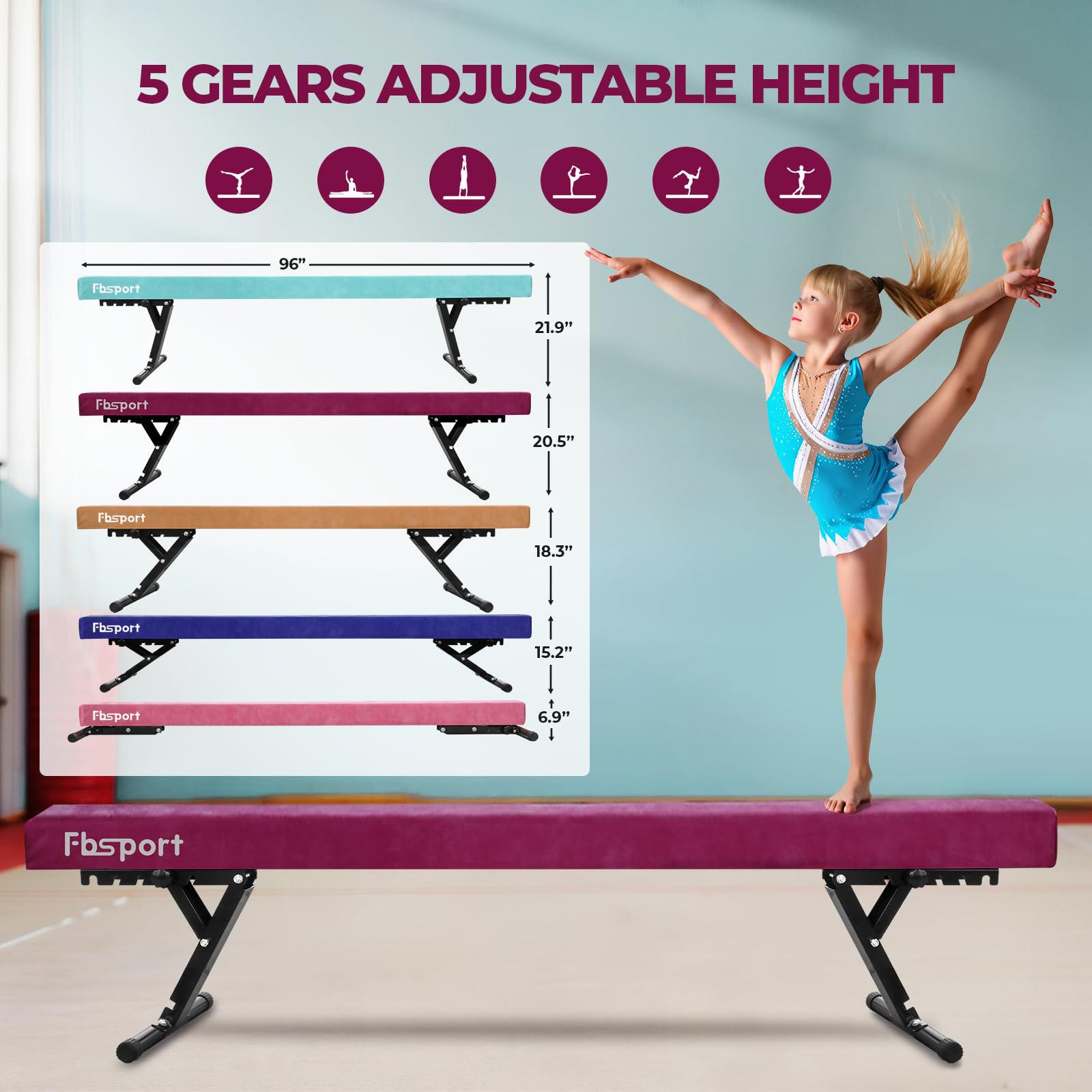 FBSPORT schwebebalken Kinder schwebebalken für zuhause schwebebalken höhenverstellbar Gymnastik Balance Beam 244CM, 5 Höhen Einstellbare High und Low Level Stabile Floor Beam Gym Trainingsgeräte