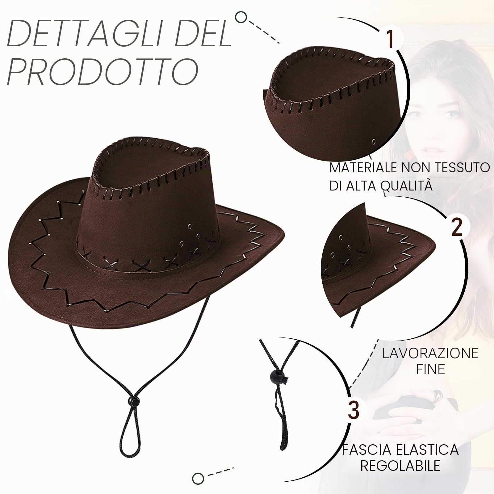 MSYU 24 cappelli da cowboy per donne e uomini, unisex, cappello da cowboy occidentale con bandana, in feltro con bordo largo, cappello da cowboy occidentale, classico, cappello panama, per esterni