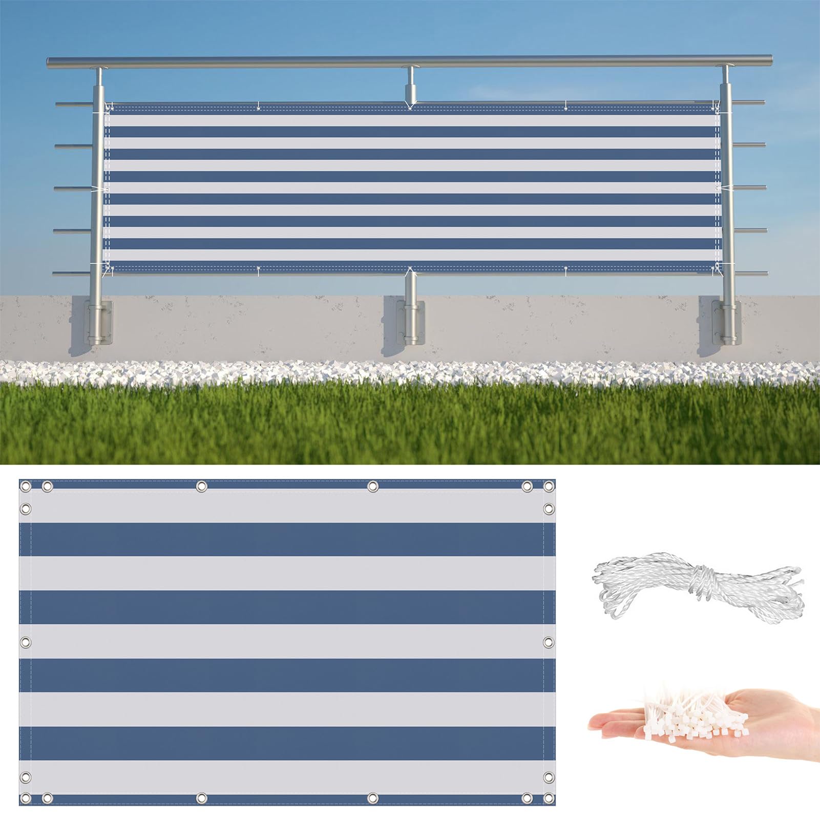 GLDYTVF Balcony 2m x 2.5m Wind and UV Protection Weatherproof Screen for Garden with Cable Ties and Rope Balcony Netting for Patio Pool Porch Fence Light Blue Stripe