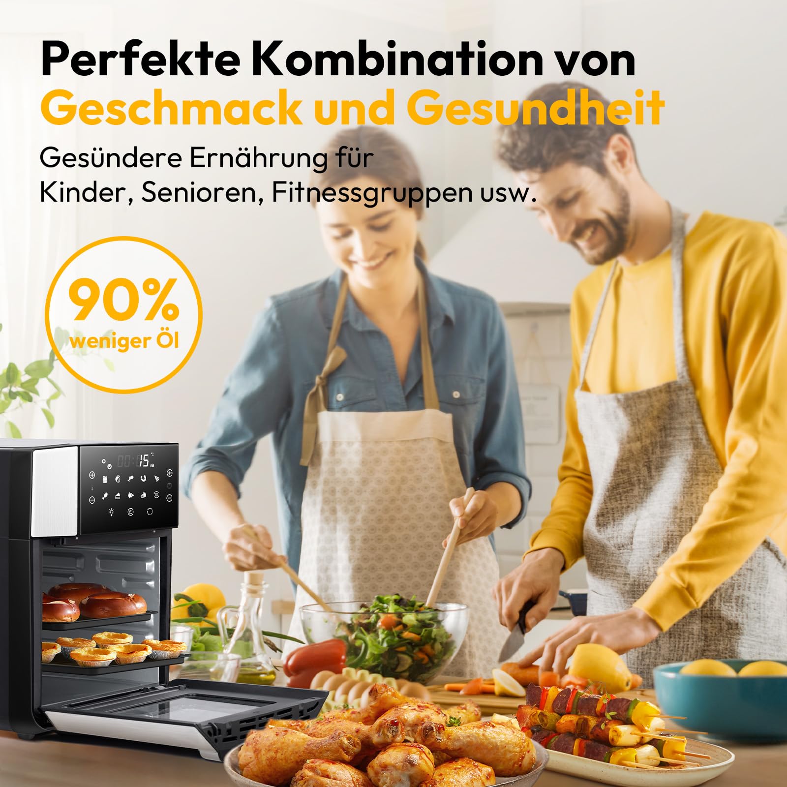 LLIVEKIT 15L XXL Heißluftbackofen, 10 in 1 Heißluftfritteuse, Mini Backofen mit Umluft 1800W, 3 Etagen, Drehspieß, 7 Zubehörteile, 90% weniger Öl, abnehmbare Tür, spülmaschinenfest, PFOA-frei
