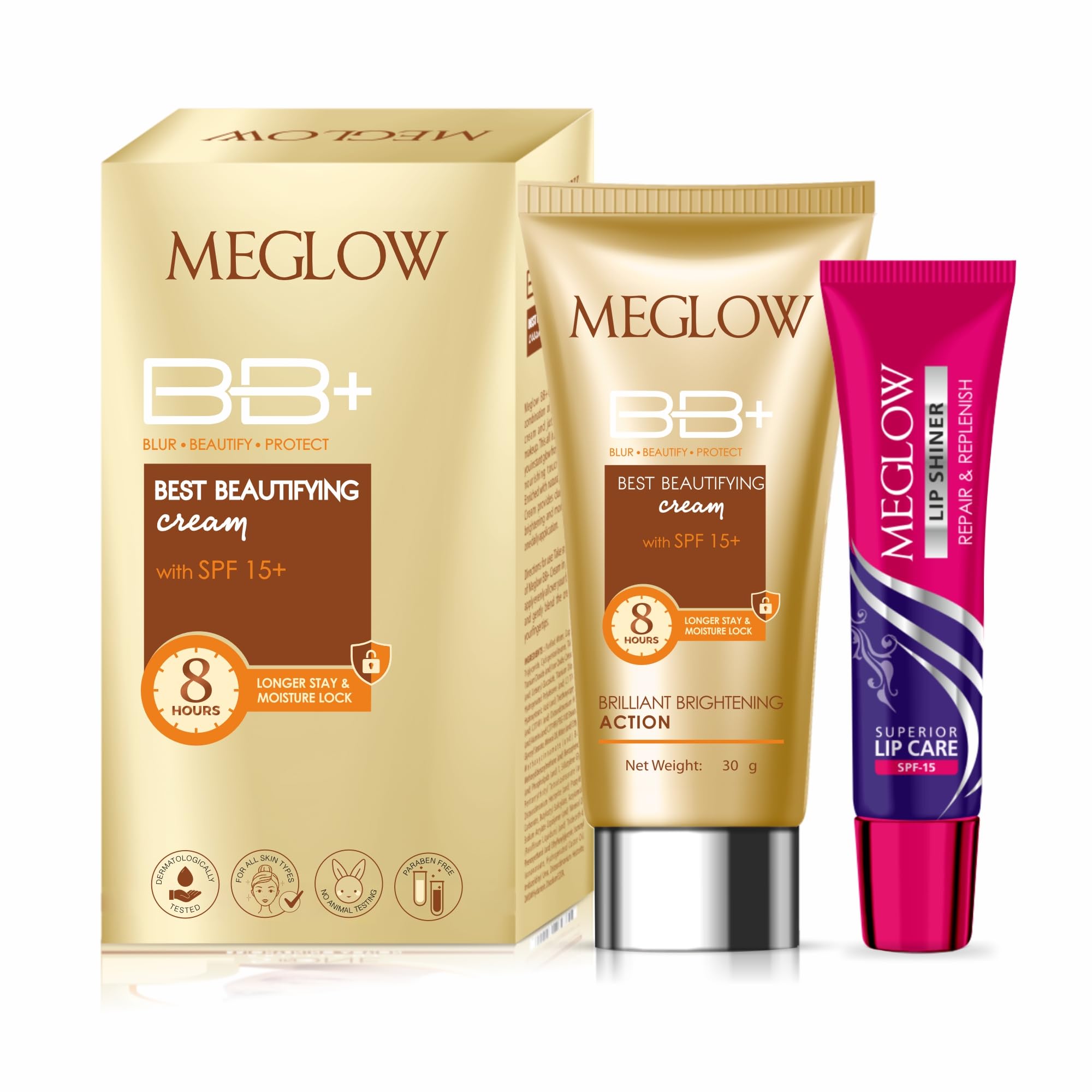Meglow Beauty BB+ Cream (30g) with SPF 15 Brightening, Moisturizing and Instant Complexion Enhancement and Enriched with Natural Ingredients Meglow Lip Shiner (15g)- Combo Pack of 2-image-21