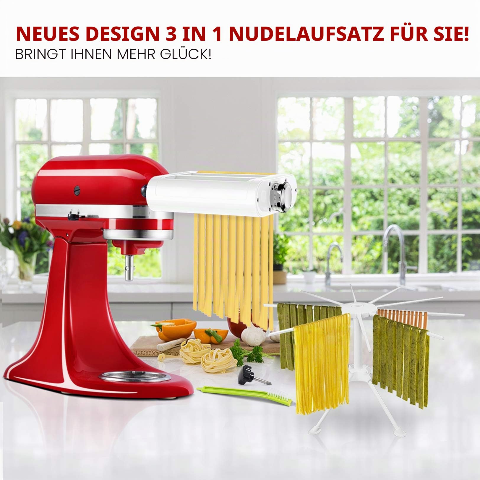 Antree 3-in-1 Roller- und Schneide-Aufsatz-Set für KitchenAid Standmixer, inklusive Nudelblech-Roller, Spaghetti, Fettuccine Cutter Maker, Zubehör und Reinigungsbürste und Pasta Trockengestell