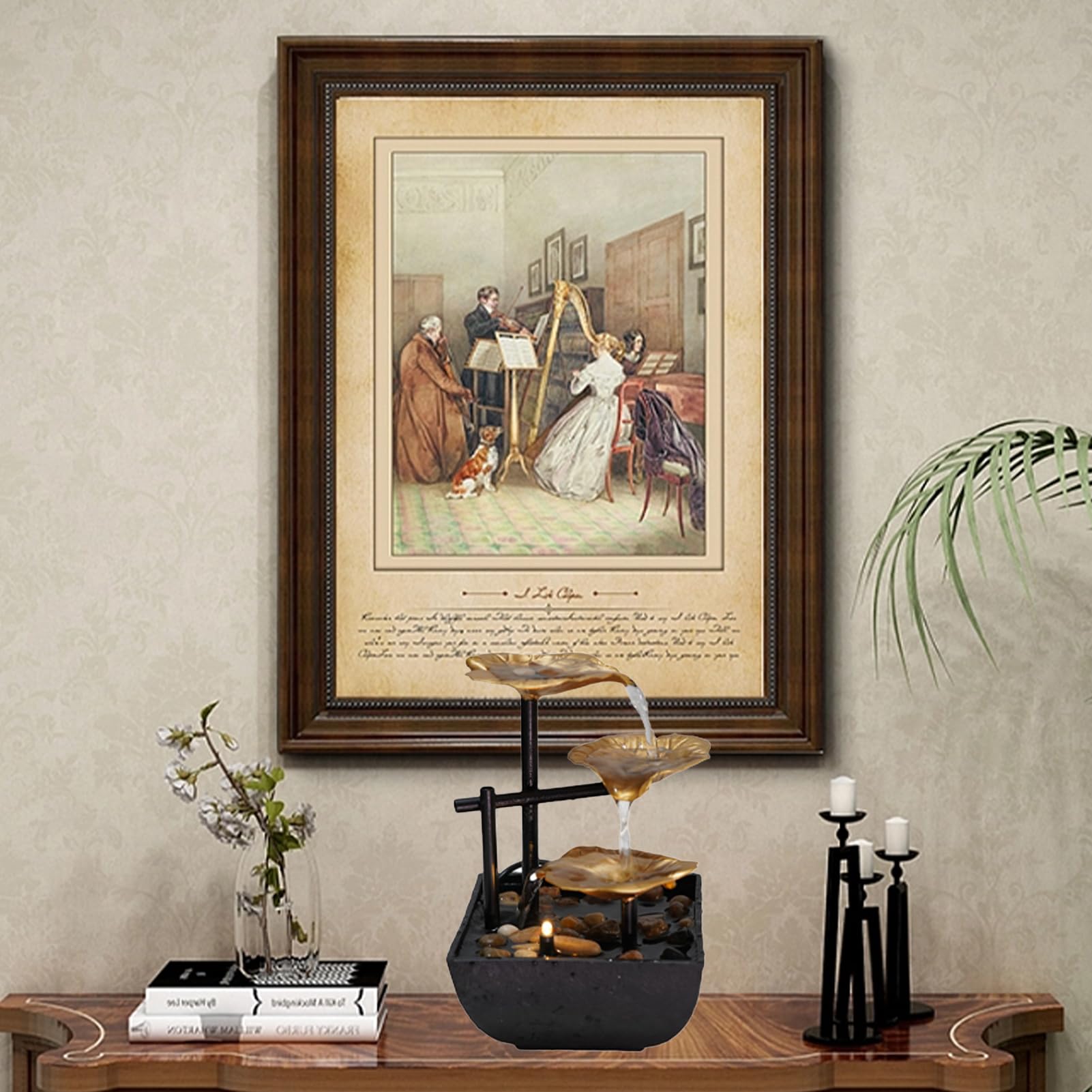 Fontaine de Bureau d'intérieur,Cascade Ornements d'eau Courante,Décor de Table Zen Moderne en Métal,avec Lumières LED,pour la Décoration de la Maison,L'ameublement de Bureau,Chambre (Or)