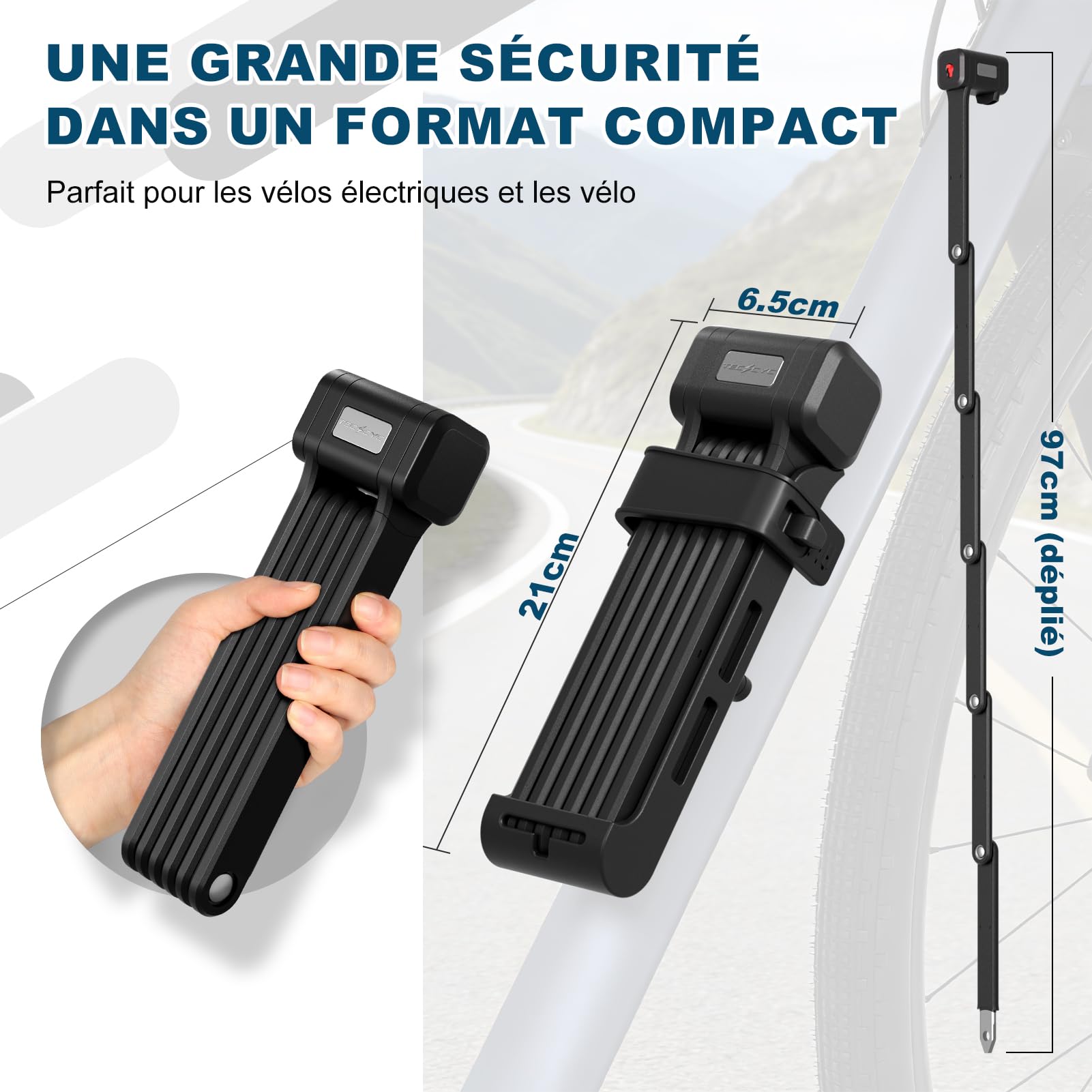 TECHCYC Antivol Vélo Pliable 90cm | Certifié ART avec Compartiment GPS | Acier Trempé | 3 Clés Incluses | Fixation Silencieuse Sans Cliquetis | Compatible Vélo électrique, VTT, Moto et Trottinette