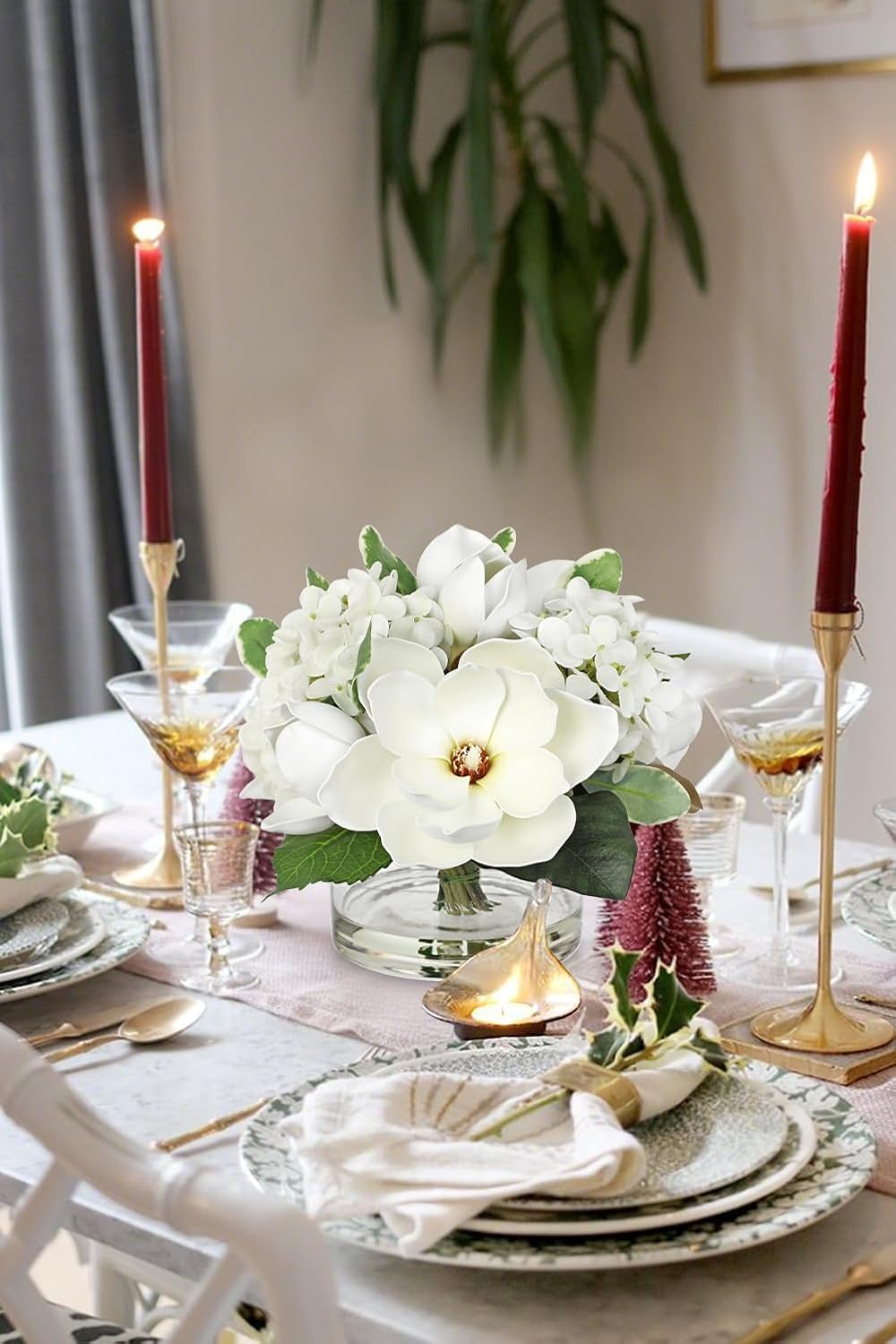 Briful Artificial Magnolia and Hydrangea Flower Arrangement in Glass Vase 9.4" Realistic White Silk Fake Flower with Faux Water Fake Floral Centerpieces for Home Room Office Table Shelf Décor