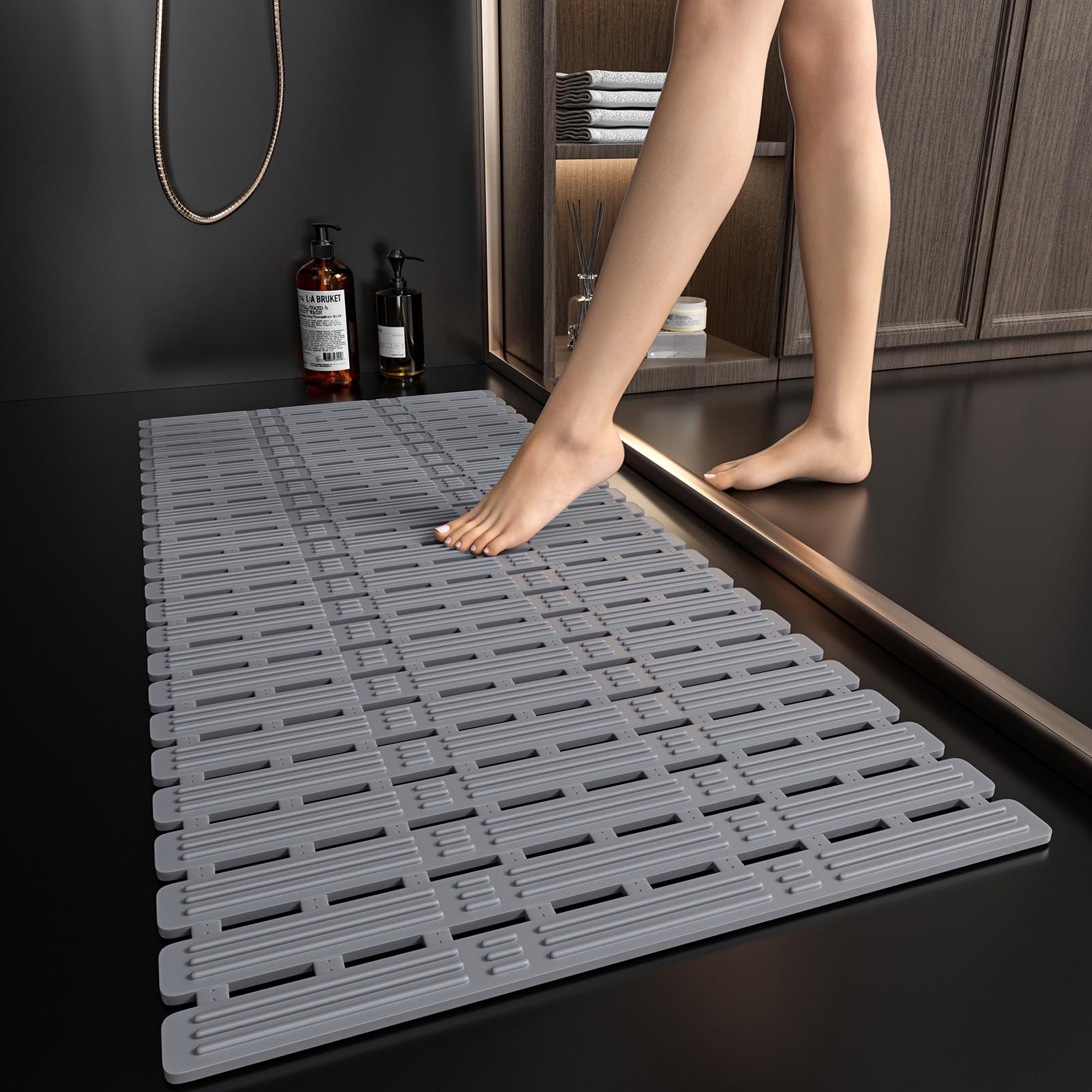 XIYUNTE Large Shower Mat Non Slip Anti Mould for Elderly- 90 x 40cm Cut-to-Fit Non Slip Shower Mat for Inside Shower, TPE Bath Mat with Suction Cups & Drain Holes, Bathtub Mat, Dark Grey