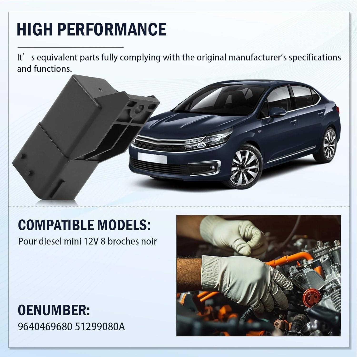 9640469680 Glow Plug Control Unit Relay, for Citroen Diesel 51299080A 12V 8-Pins Black Glow Plug Relay Control Unit Glow Plug