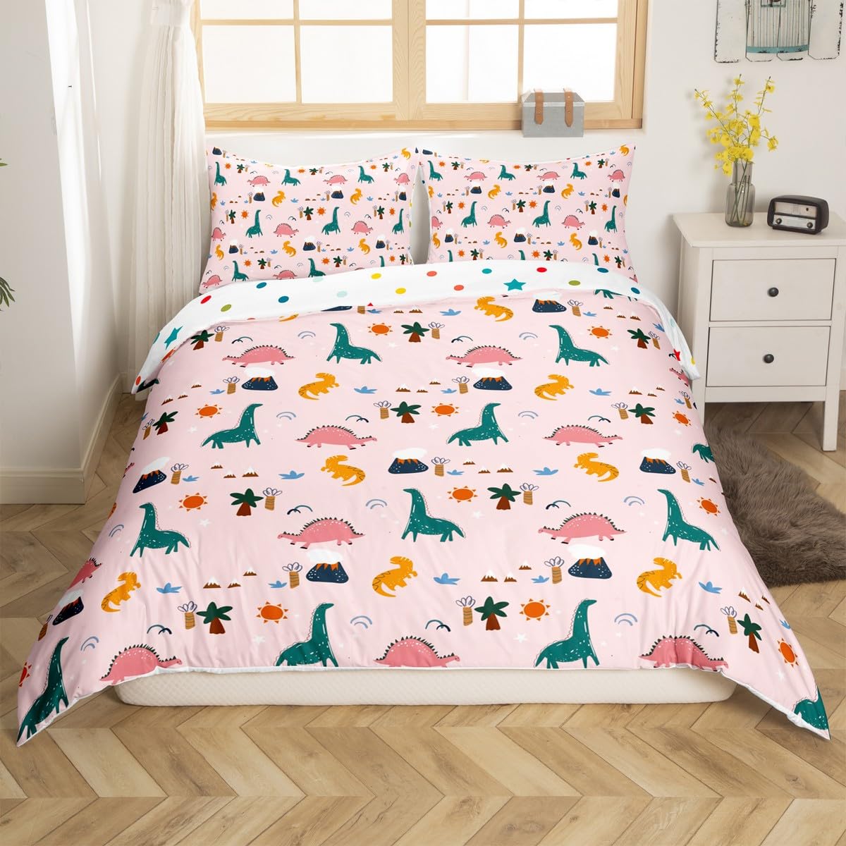 Loussiesd Dinosaur Duvet Cover Single Pink Children'S Dinosaur Bedding With 1 Pillowcase, Cute Animal Printed Bedding Set For Teenage Girls, Soft Microfiber