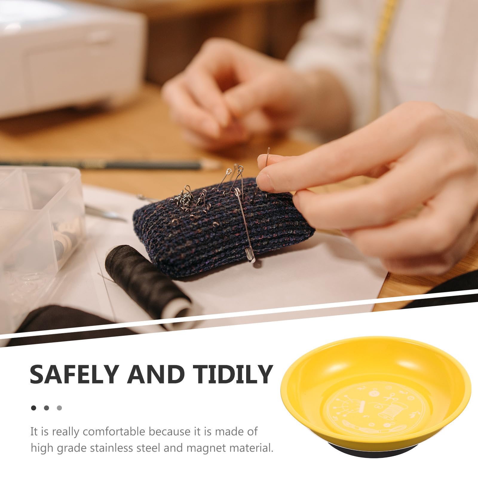 Healvian Porta Agujas Magnético Amarillo para Bordado Acero Inoxidable y Forma de Cuenco, Organizador Práctico para DIY y Manualidades de Costura