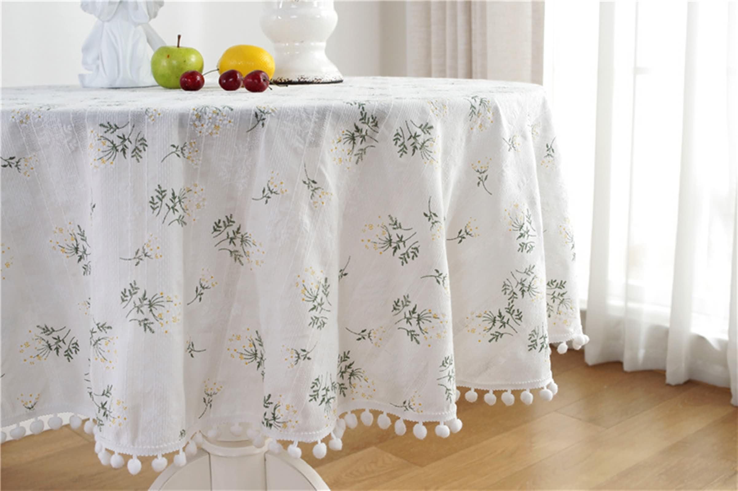 Weiß Grün Tischdecke Rund 140 cm, Baumwolle Blattmuster mit Pompons, Garten Tischdecken für Draußen