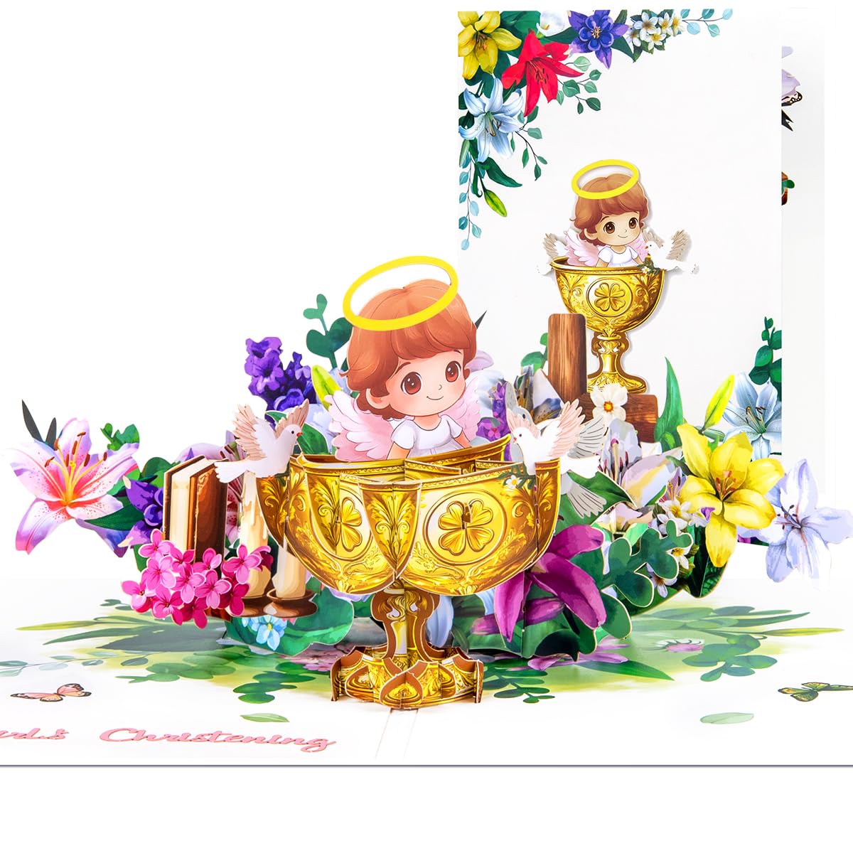 CNLITIHEKA Christening Pop Up Greeting Card for Baby, Religious Baptism Pop Up Card for Girls, with Fowers, Doves, Chalice, Includes Envelope. — image 1