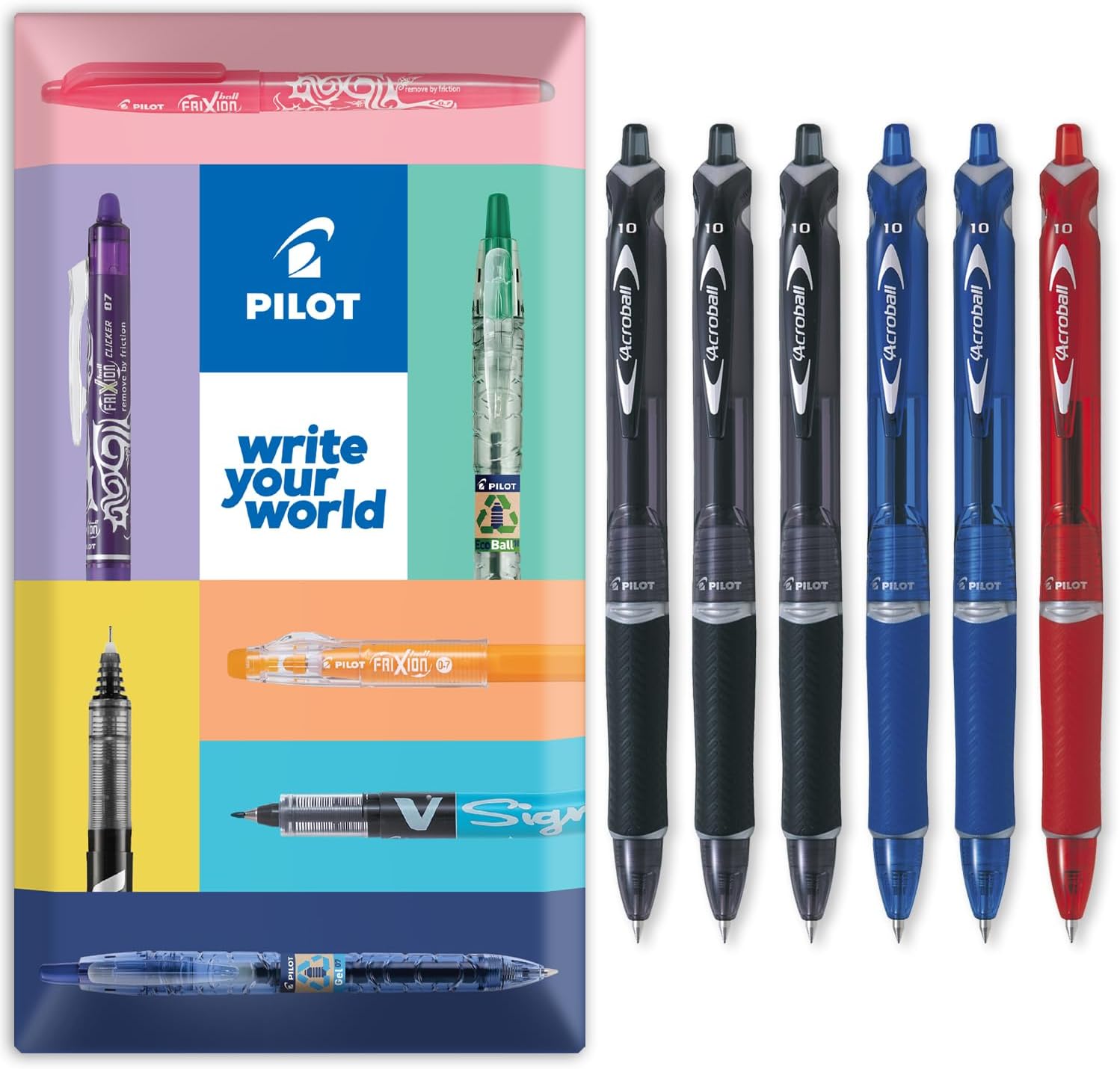 Pilot Acroball Retractable Ballpoint Pen - Begreen Range 79% Recycled - Pack of 6 Pens - Medium 1.0mm Nib - Ideal for Writing, School, Home, Revision, Office. (Mixed)