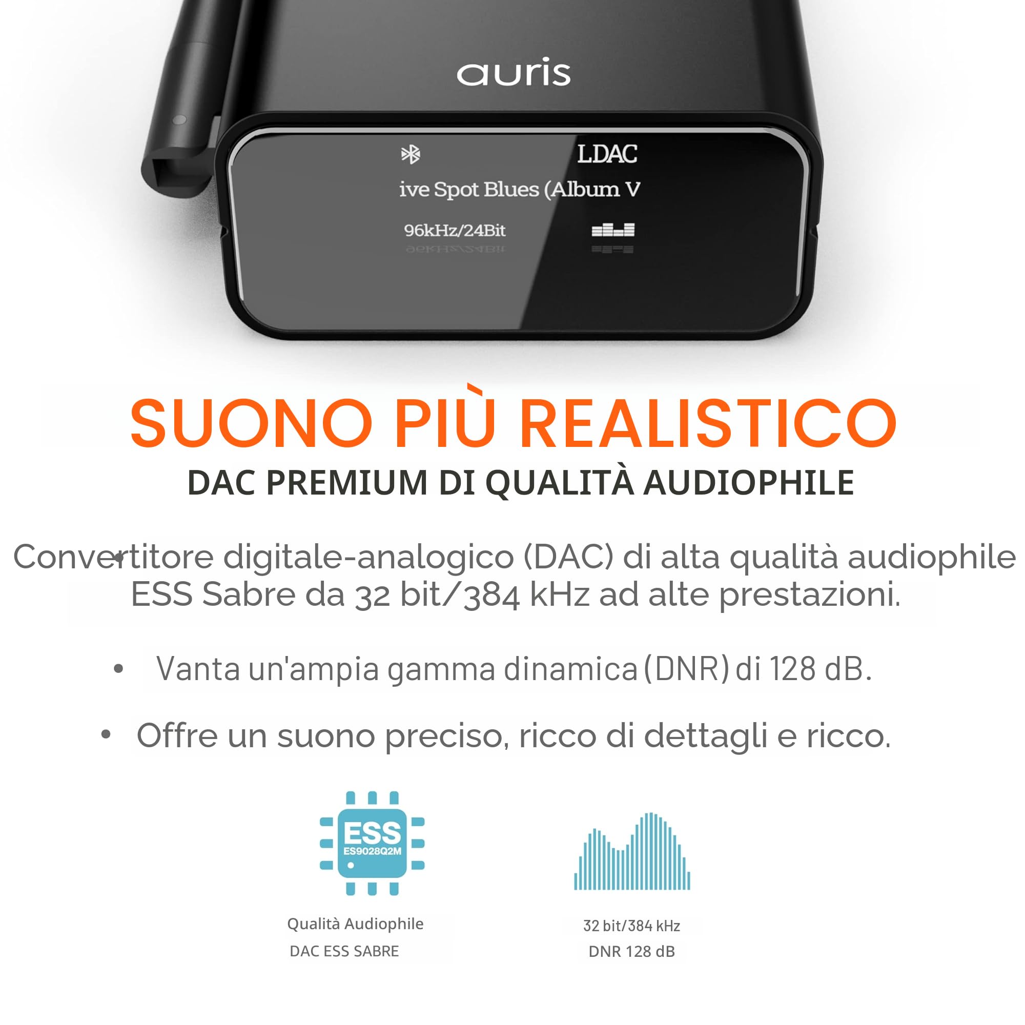 Auris Blume Pro - Ricevitore musicale Hi-Fi Bluetooth 5.0, adattatore Bluetooth con DAC, LDAC, AptX HD, display OLED, uscita AUX coassiale ottica per home stereo, ricevitore AV o amplificatore