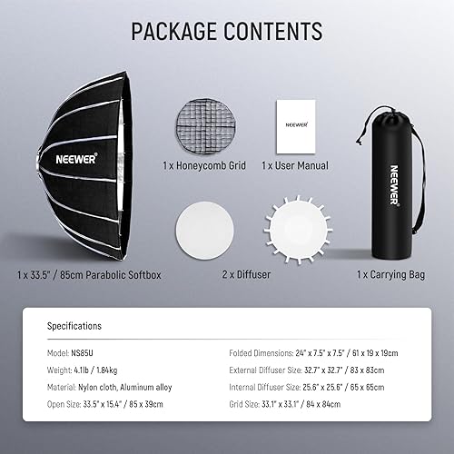 Vista 8 de NEEWER 33.5"/85cm Softbox Parabolic Hexadecagon, Quick Setup/Fold Like Umbrella with Bowens Mount, Metal Beauty Dish/Diffusers/Grid/Bag for CB200B