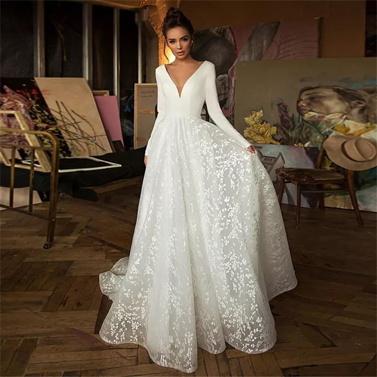KJCQGQTZ Women's V-Neck Beach Wedding Dresses for Bride Plus Size Long  Sleeve Boho Wedding Dresses with Snowflake Lace Satin Simple Rural Formal  Evening Prom Dress,White,3XL : Amazon.nl: Fashion