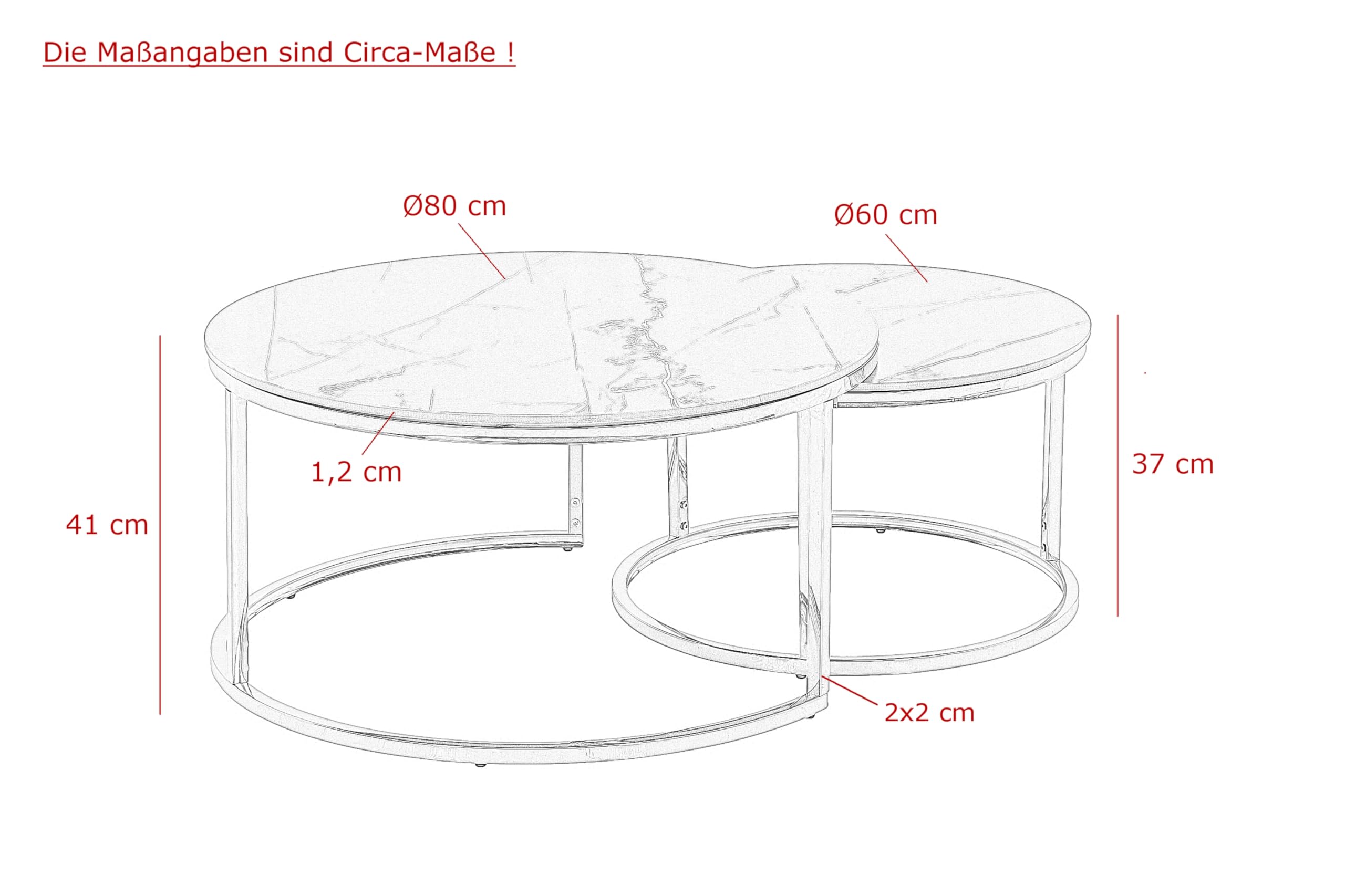Hela Tische, 2er Set Couchtisch Wohnzimmertisch Joel, Rund, Sofatisch, Echtstein in Marmoroptik Glanz Weiß, Metallgestell Gold, Ø 80+Ø 60cm