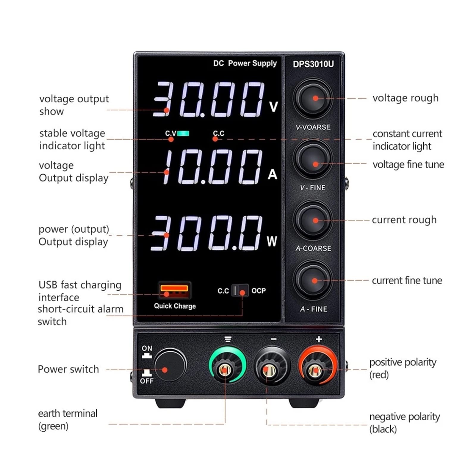 Fuente de alimentación de CC de 120V y 3A, Pantalla de 4 dígitos, Fuente de Banco de conmutación de Laboratorio LED Ajustable, reguladores de Voltaje de Carga USB(DPS3010U)