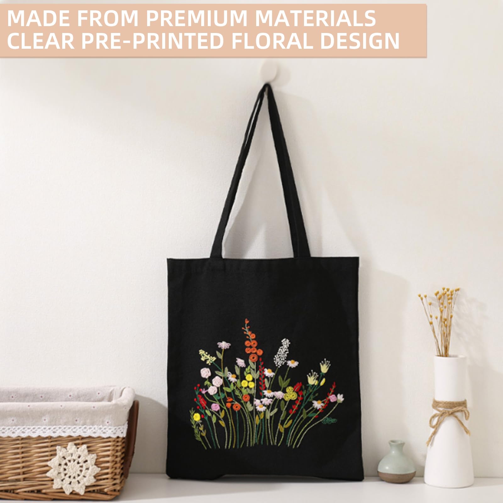 Wjelet Embroidery Bag, Canvas Tote Bag Embroidery Kit with Floral Pattern - Image 3