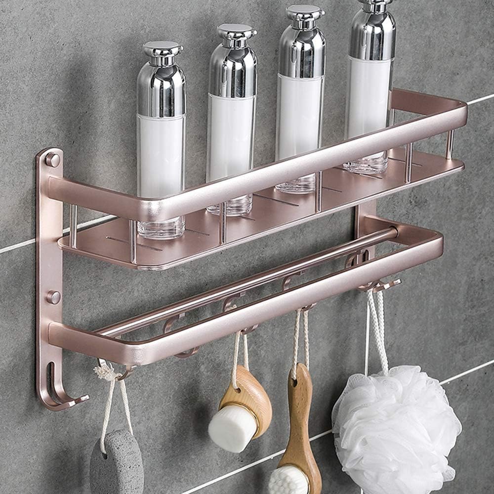 Bathroom Towel Rack Shelf with Multi Towel Bar Double Wall-Mounted Towel Holder Rails with Hooks Pink 60cm (Pink 60cm)