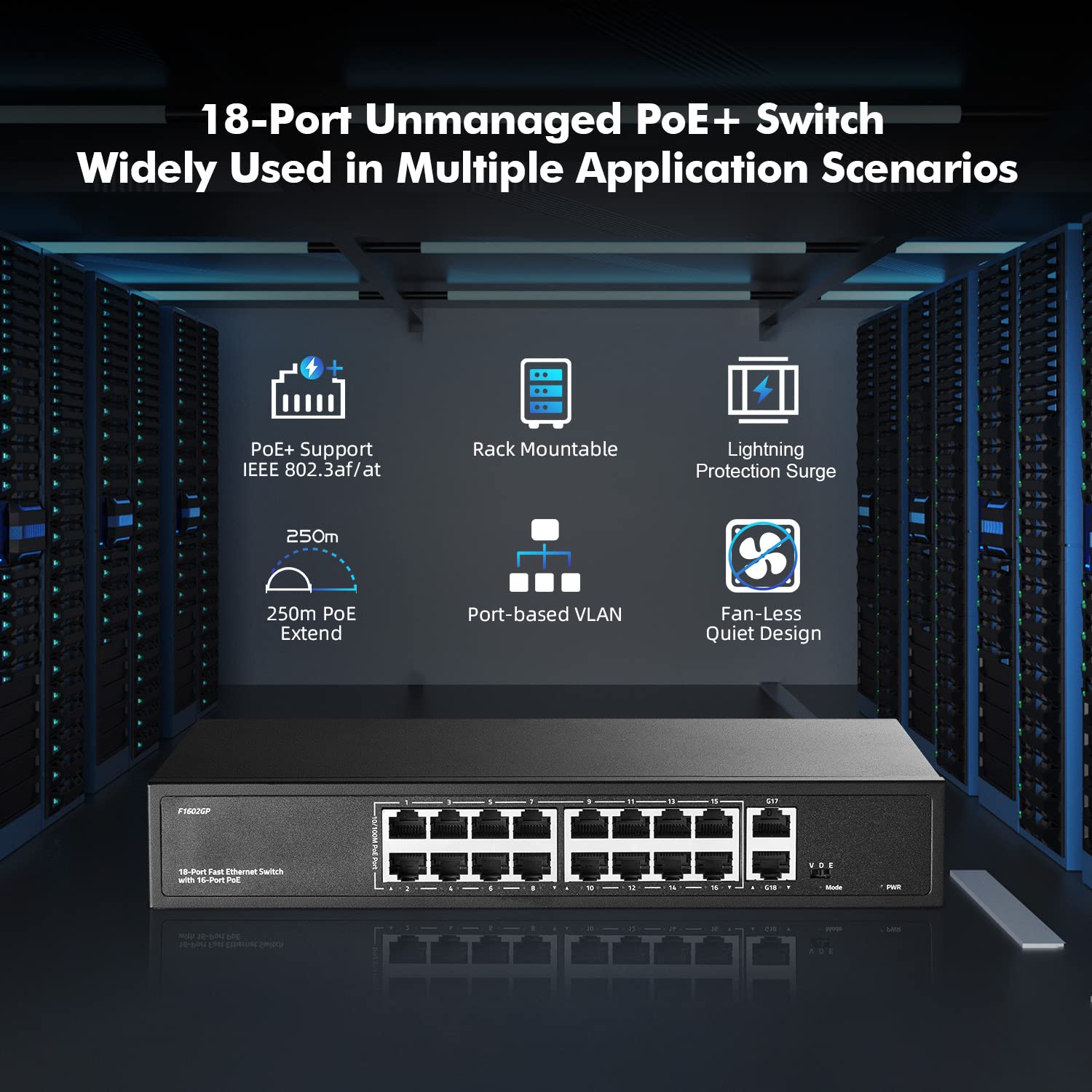 Conmutador PoE de 16 Puertos, Puertos PoE+ de 10/100 Mbps, 2 Gigabit Ethernet Uplink, IEEE802.3af/at, MAX 200W, VLAN & PoE Extend 250m, RackMount Fanless Unmanaged Ethernet Switch