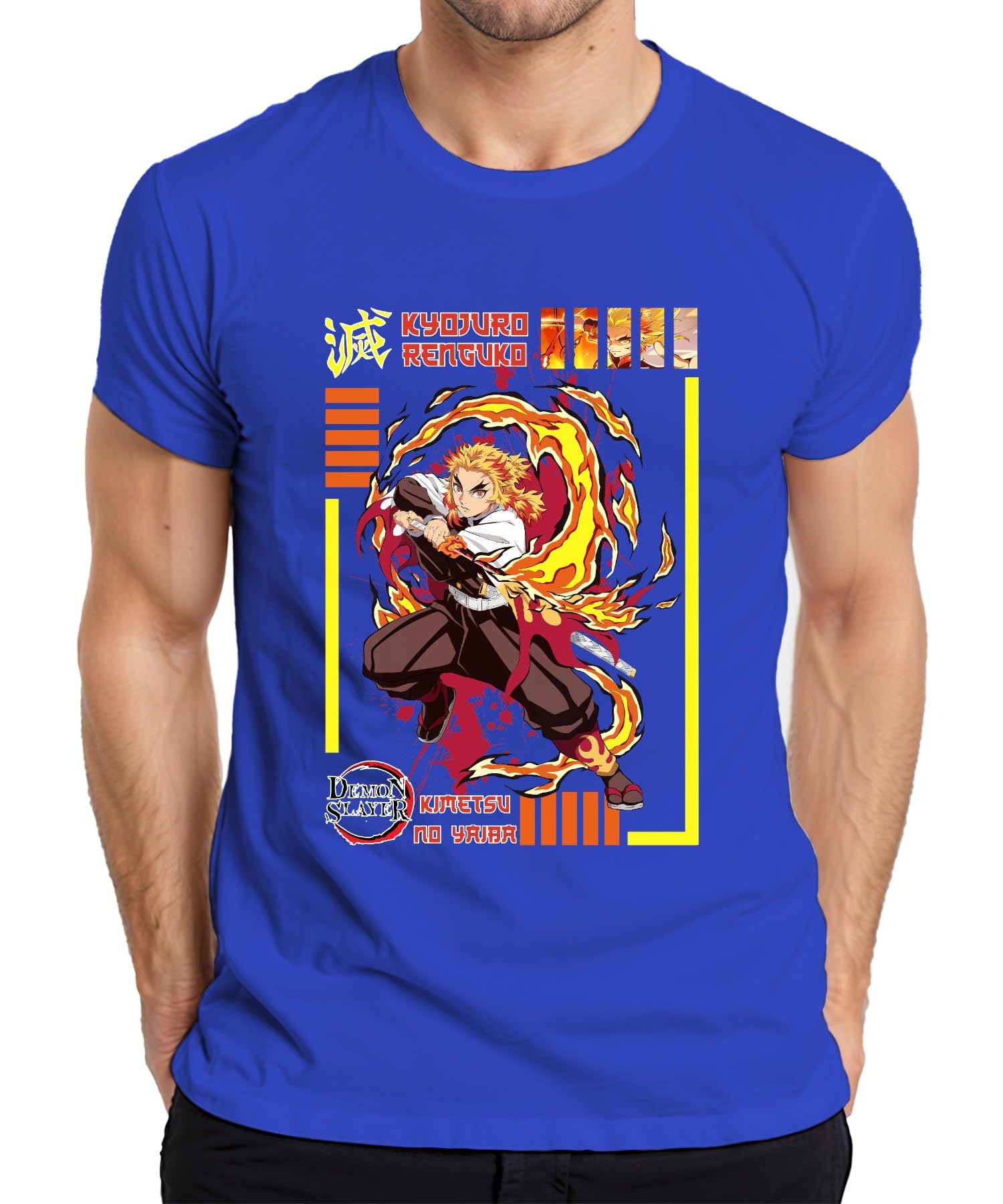 Kyojuro Rengoku Demon Slayer Kimetsu no Yaiba Flame Hashira Men's T-Shirt, blue, M