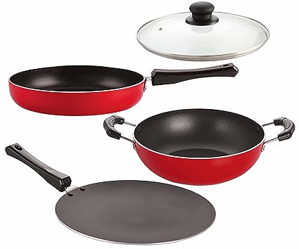Nirlon Non-Stick Aluminium Cookware Set -Gas Friendly - 4-Piece (Kadhai|Fry Pan|Concave Tawa|1 Glass Lid)-32mm_KD13_FP12_CT11_1GLID