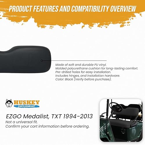Miniatura 6 de Huskey Parts Company Cojín de asiento de carrito de golf para asiento delantero, respaldo inclinado, color negro para EZGO Medalist, TXT 1994 a