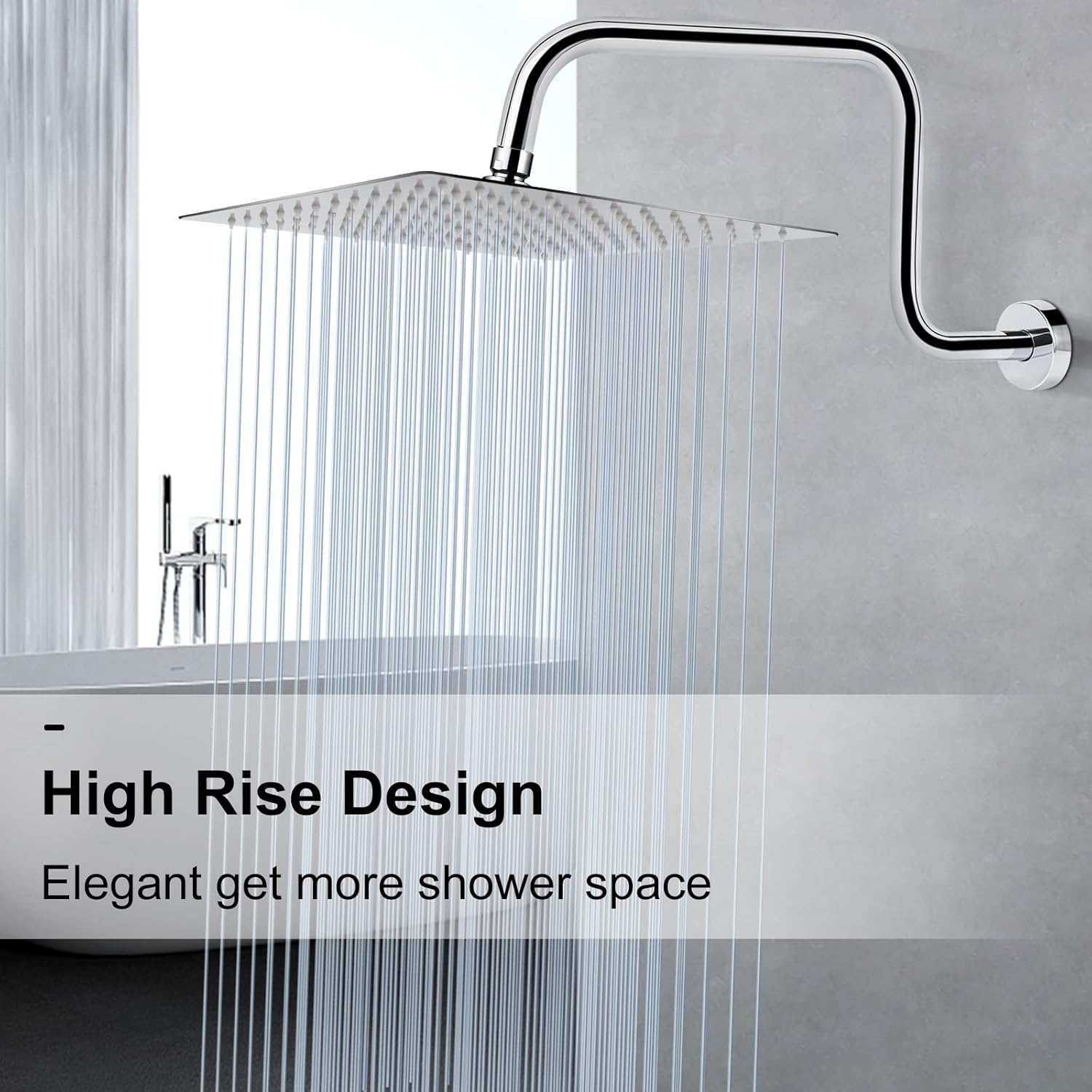 NearMoon S Shape Shower Extension Arm with Flange, Stainless Steel High Rise Shower Head Extender Pipe, Horizontal Extension Standard 1/2" Connection- Bathroom Accessory, 16 Inch (Chrome Finish)