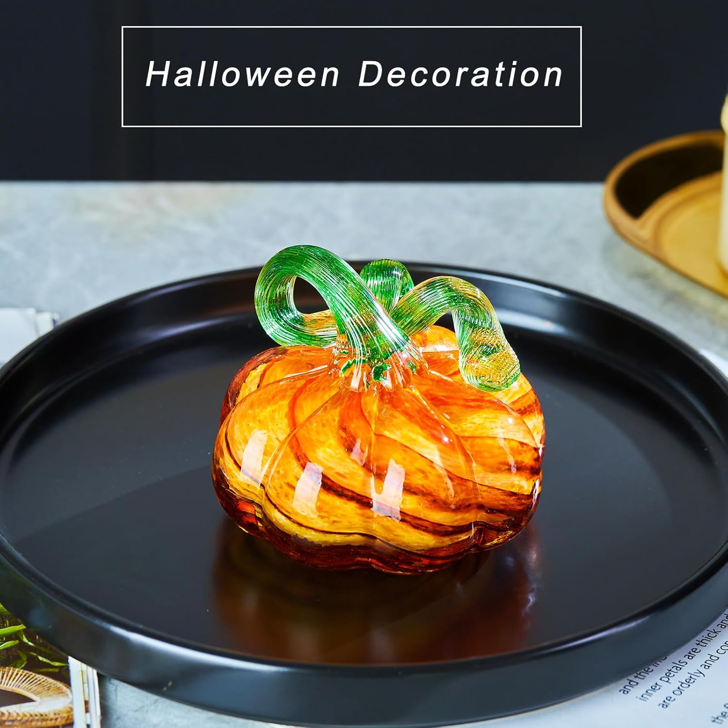 Glass Pumpkin Halloween Decoration Gifts Fall Pumpkins for Decorting Ornament Crystal Pumpkins Art Paperweight Home Decor Office Decorations Indoor(Pumpkin Orange and Black)