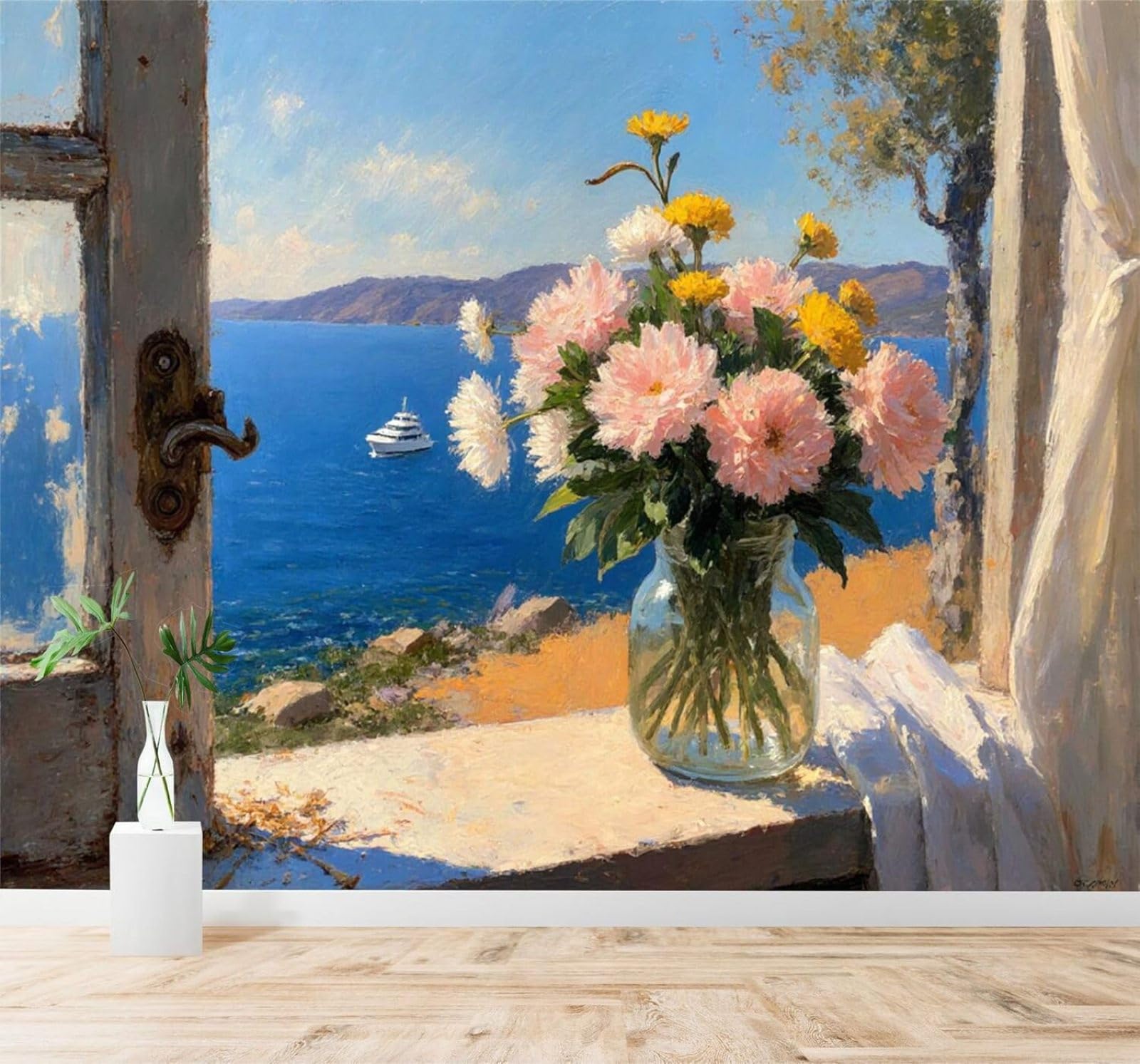XLMING Beautiful Seascape Glass Vase Floral Arrangement Yacht Outside The Window 3D Wallpaper Silky Texture Home Study Office Grey Dining Room Sofa Bedroom Living Room TV Backdrop-430cm×300cm