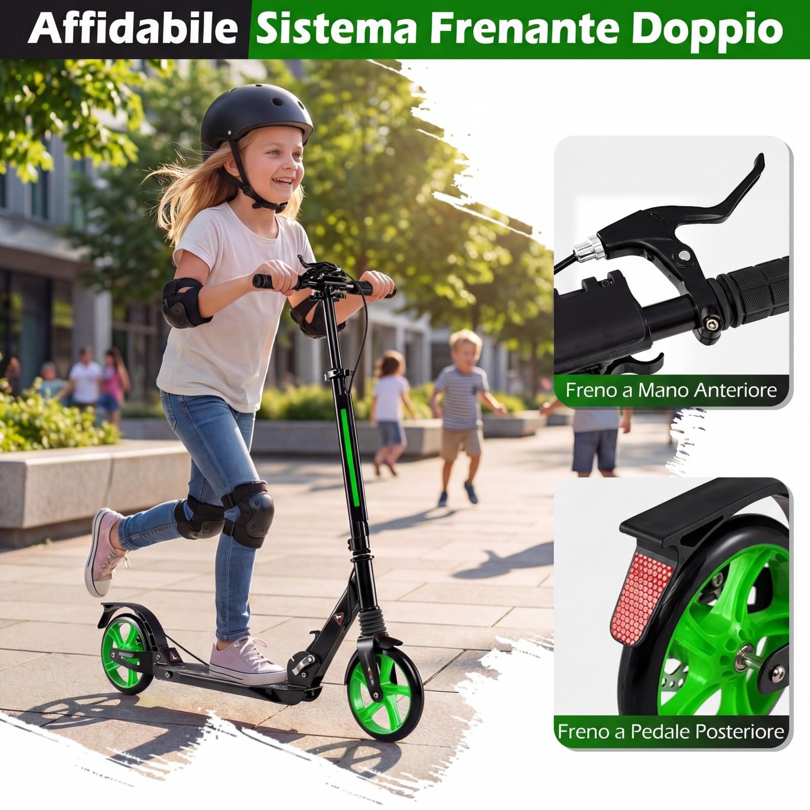 COSTWAY Monopattino Bambini e Adulti, Monopattino a Spinta Pieghevole e Regolabile in 3 Altezze, Monopattino Portatile con 2 Ruote, Cavalletto, Freno e Pedale Antiscivolo, Portata 100 kg