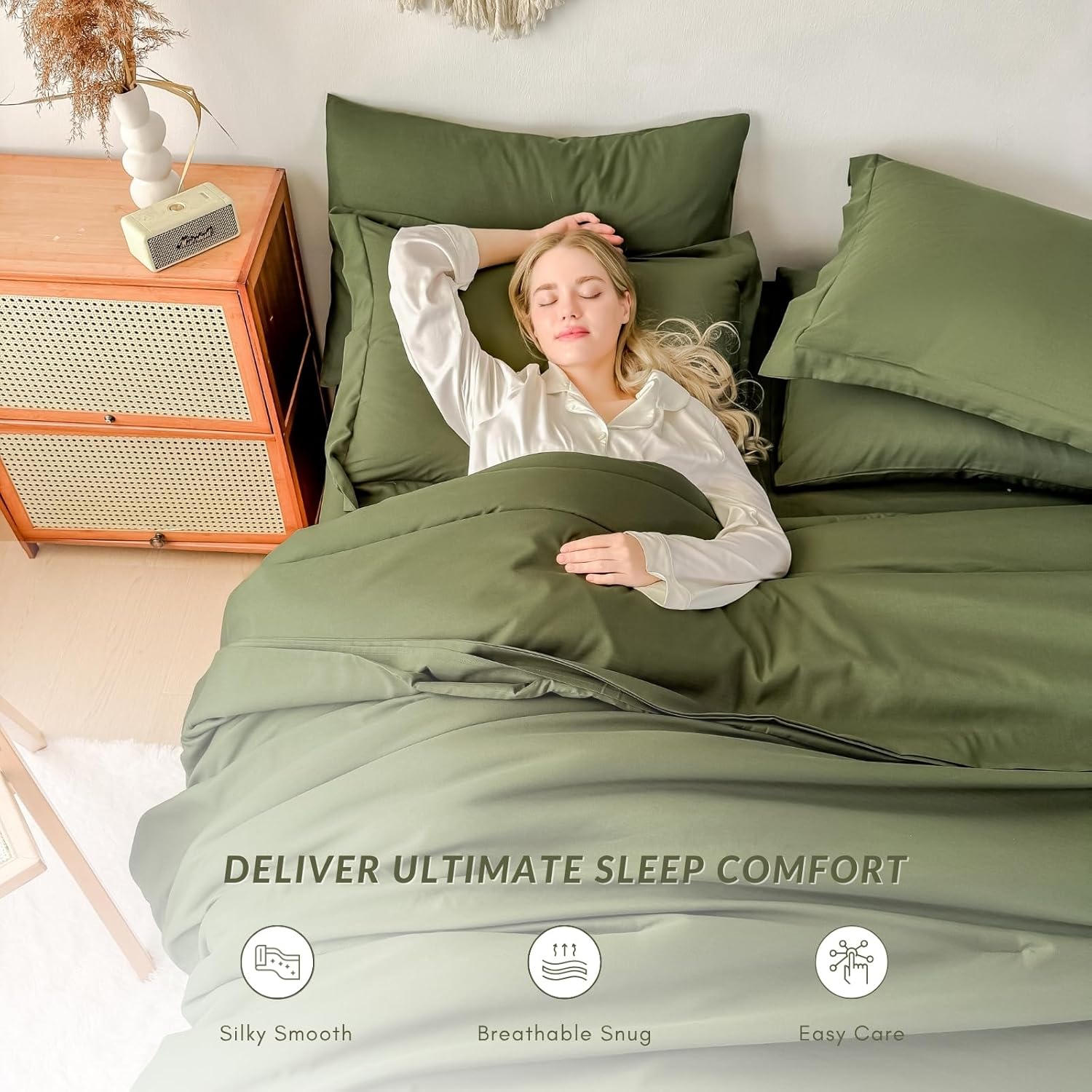 Twin/Twin XL Comforter Duvet Cover Set Olive Green - 7-Piece Bed in a Bag, Festive Gift Double Brushed Micorfiber All-Season Soft Bedding with Sheets & Envelope Pillowcases (68"x88",Twin)