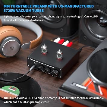 Fosi Audio BOX X4 Phono Preamp Headphone Amplifier/Preamplifier Hi-Fi Pre Amp with JAN 5725W Vacuum Tubes for MM Turntable Phonograph Record Player with Volume Bass Treble Control