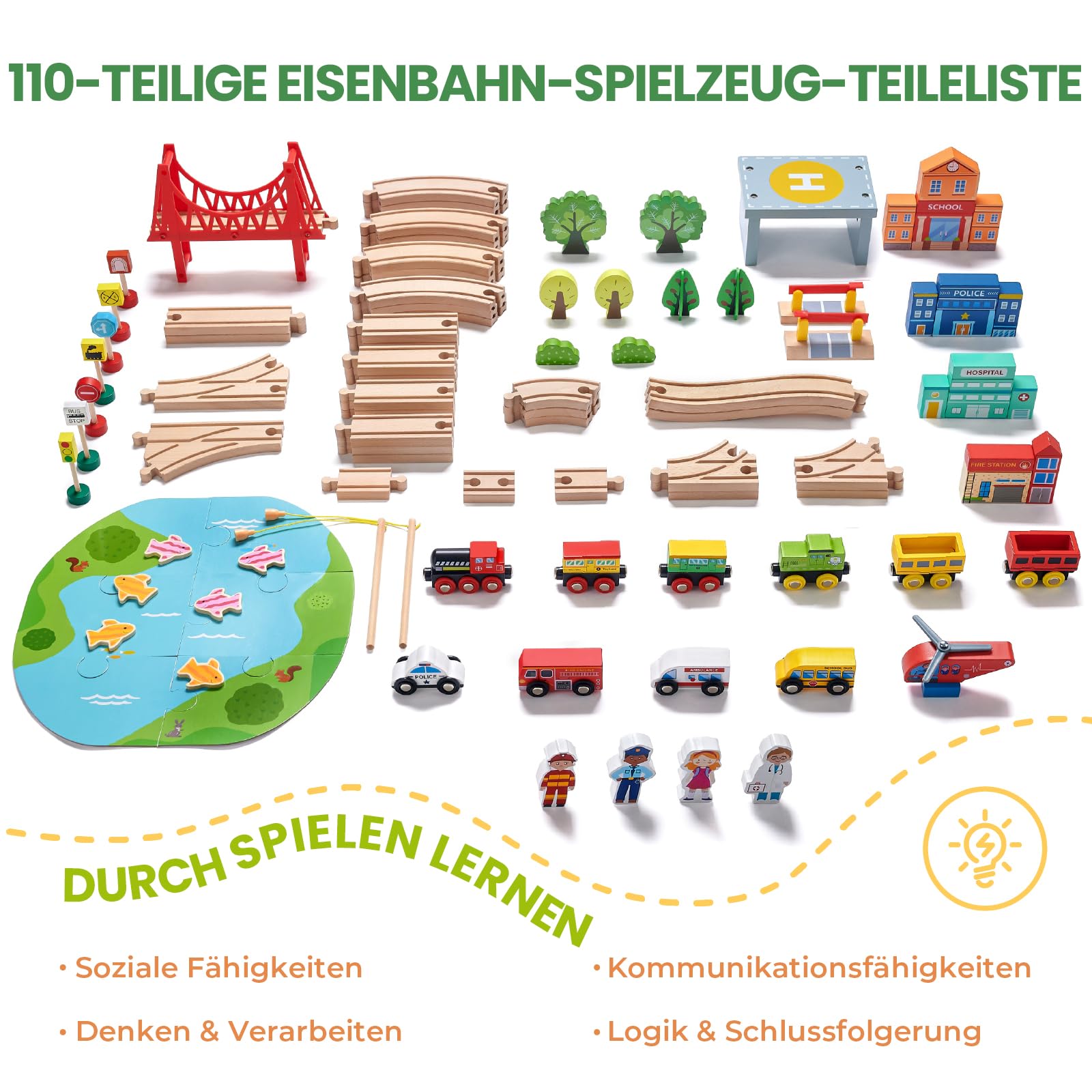 Tiny Land Eisenbahn-Set, 110-teiliges Holzeisenbahn-Set, Spielzeugeisenbahn für Jungen und Mädchen mit Holzeisenbahnschienen, Holzspielzeug für Kleinkinder und Kinder im Alter von 3–7 Jahren, Eisenbah