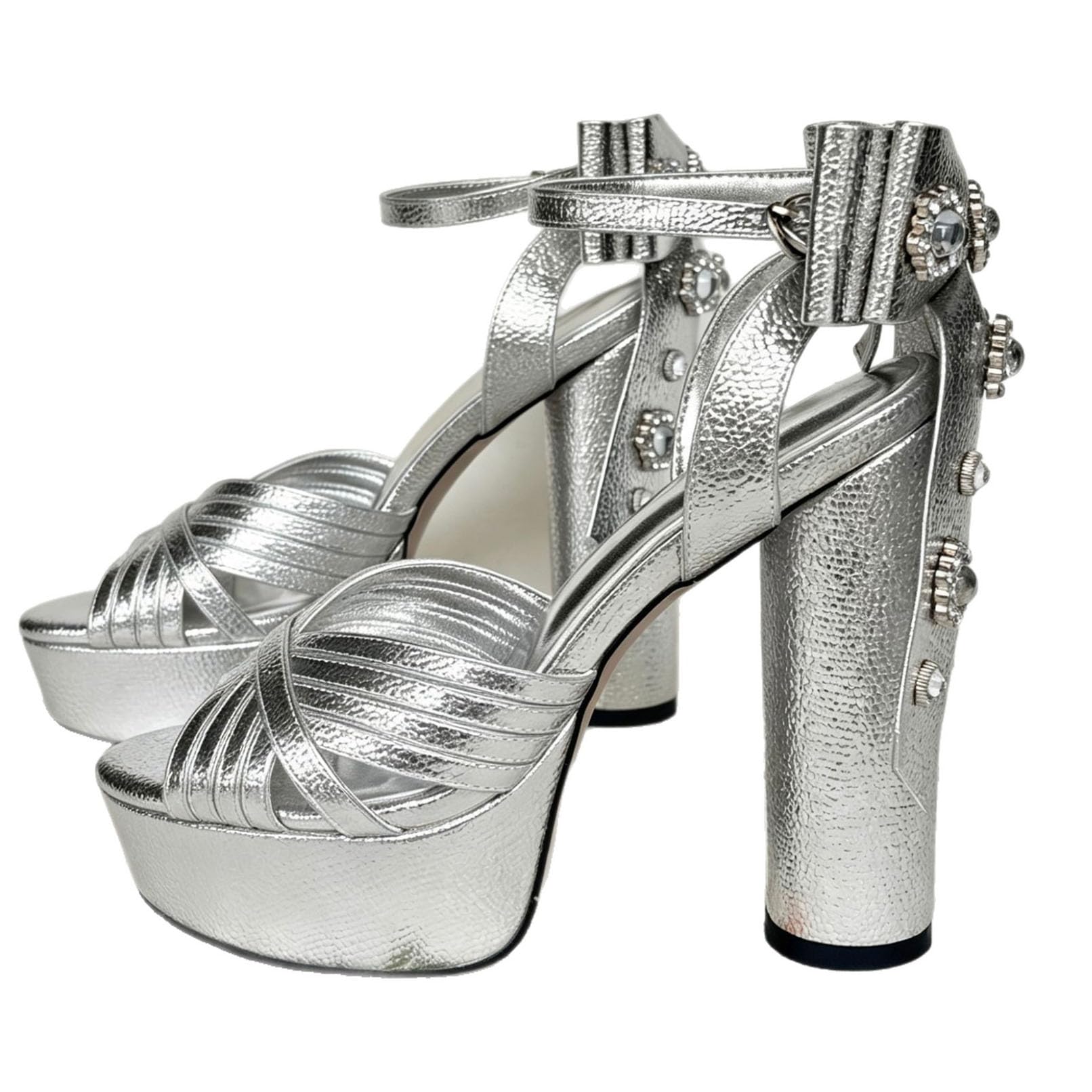 Generico Sandali Estivi con Tacco da Donna A Fascia Incrociata con Fiocco | Sandali Con Plateau E Tacco Largo Con Cinturino Alla Caviglia, Punta Aperta, In Pelle Pu Metallizzata, Tacchi Da Sera