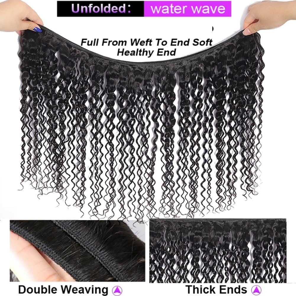 Water Wave Bundles with Closure 100% Unprocessed Brazilian Virgin Human Hair Wet and Wavy Bundles with 4x4 Lace Closure Free Part Natural Color