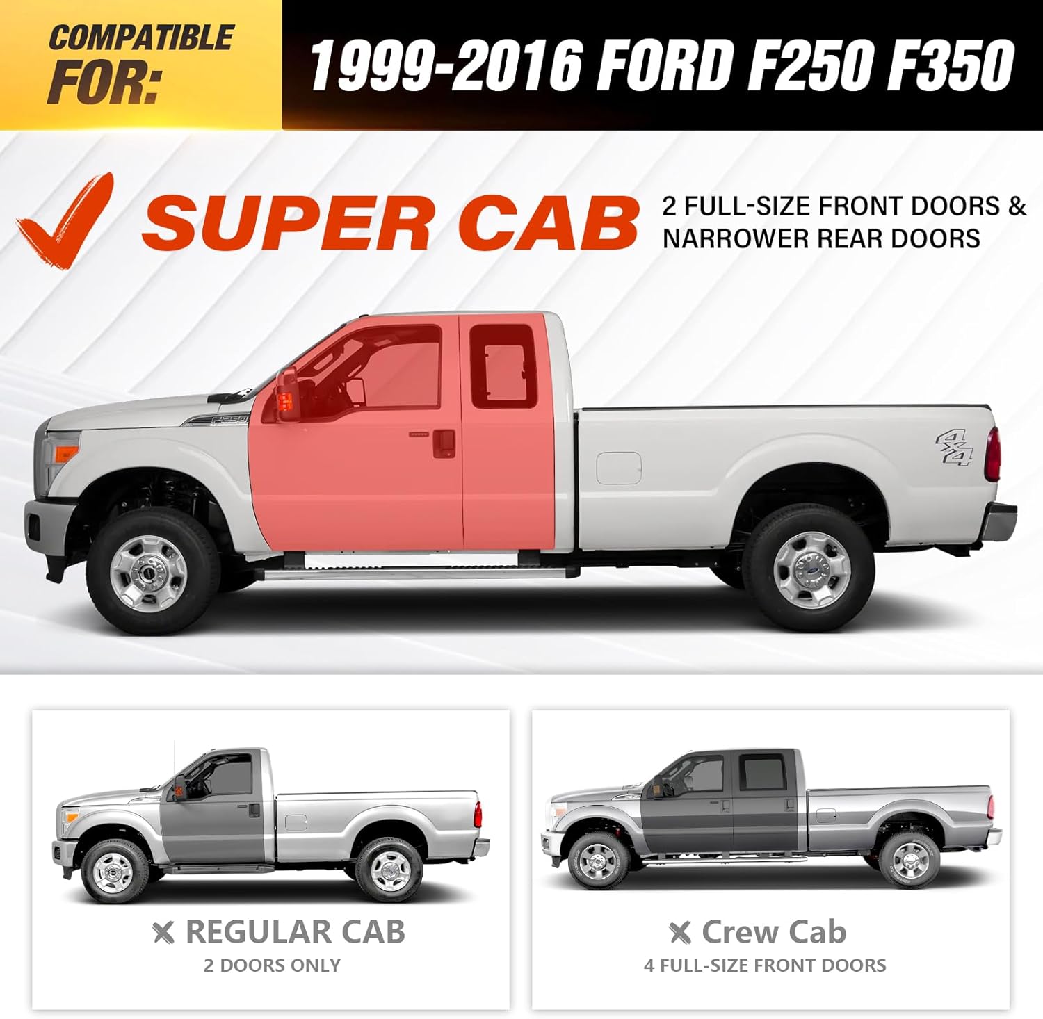 SuperCab Running Boards Compatible with 1999-2016 Ford F250 F350 Super Cab Side Steps, Bolt-on F-250 F-350 Nerf Bar Step Bars, Heavy-Duty Steel Two Stairs Design (Black)