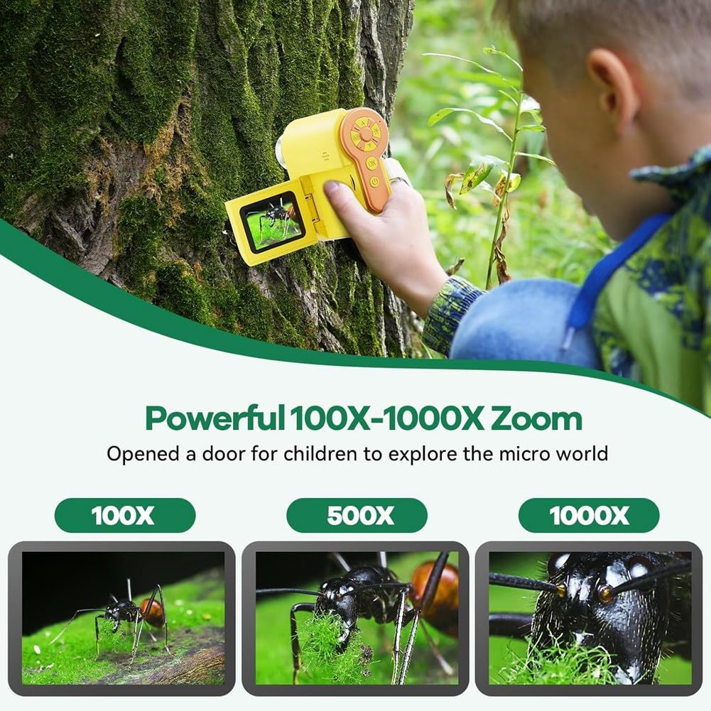 Microscopio para Niños 1000X [3-En-1] Microscopio Digital Portátil de 2 Pulgadas 1080P, Microscopio de Bolsillo Portátil