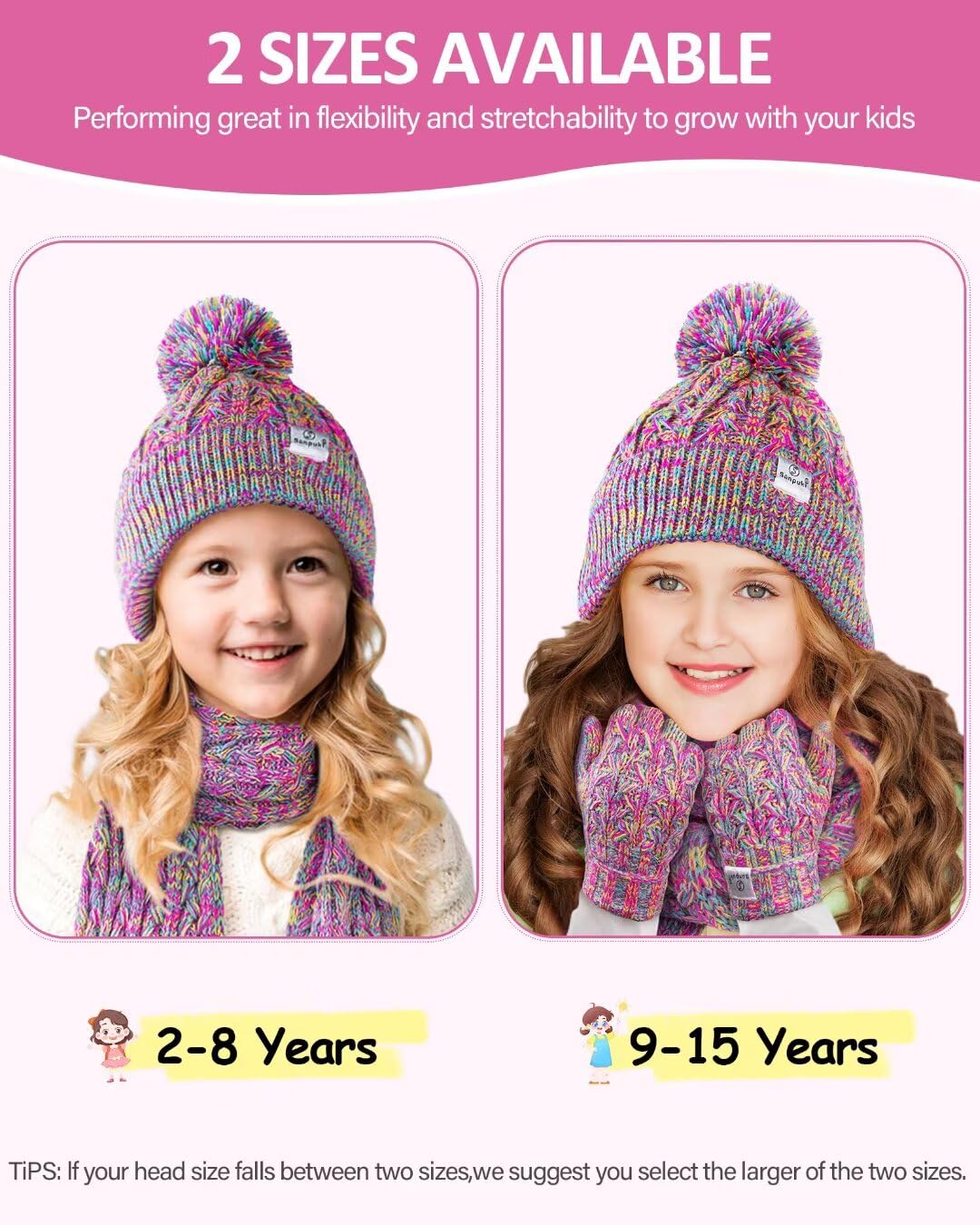 Kinder-Wintermütze, Handschuhe, Schal, Set, Mädchen, Kleinkind, Wintermütze, Beanies mit Bommel, Halswärmer, Gamasche, Fäustlinge, Fleece-gefüttert, Weihnachtsgeschenk für Kinder (Rose Rot und Blau)