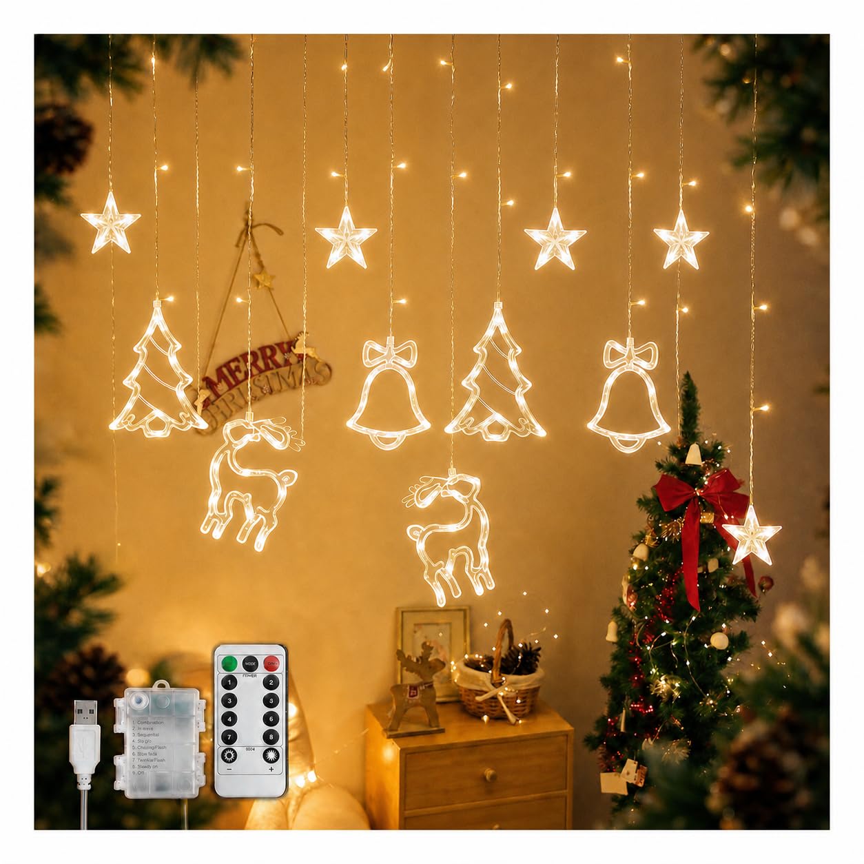 Boyfield Christmas Window Lights, 3.5M 8 Modes String Curtain Lights