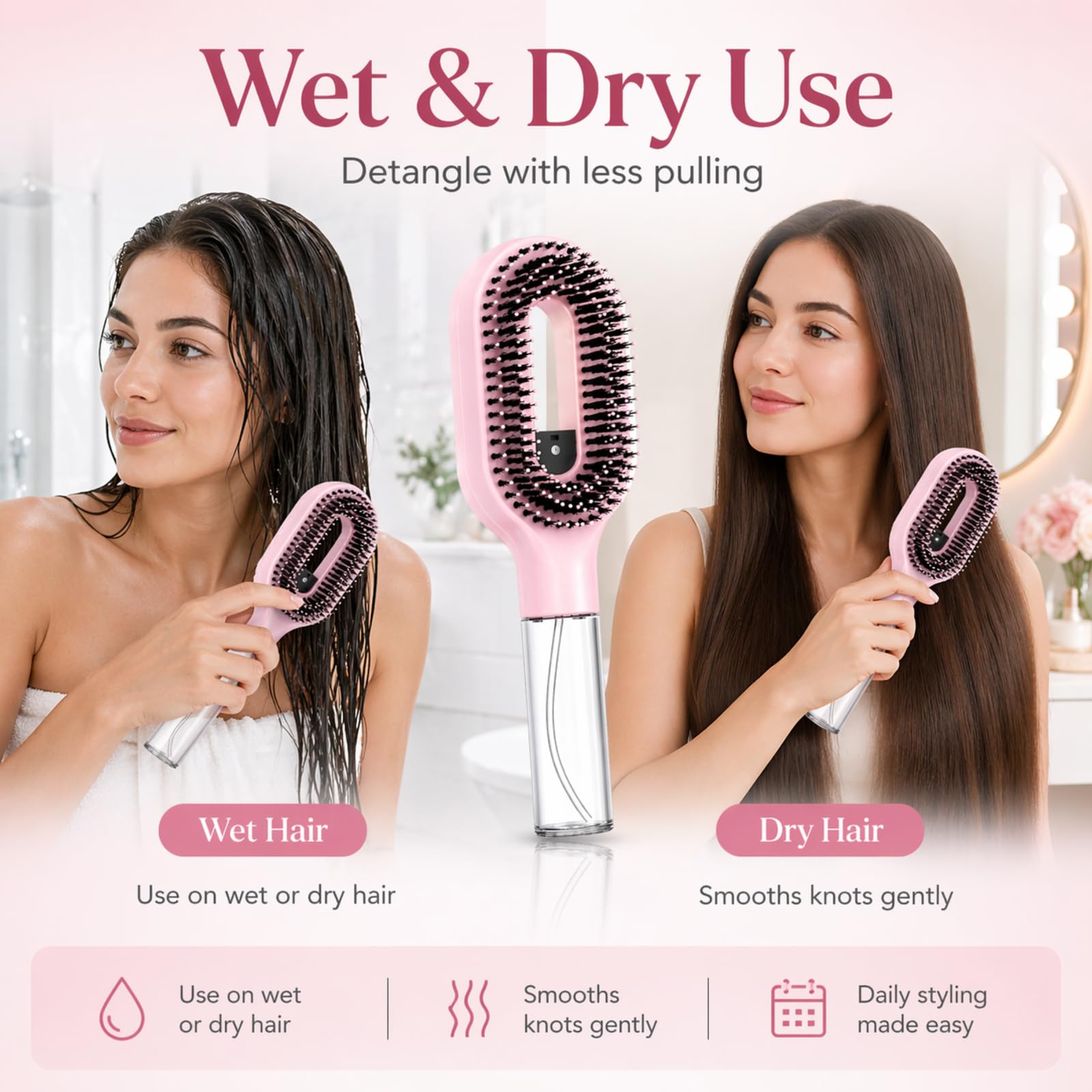 2-in-1 Misting Haarbürste mit eingebautem Wasserspray, entwirrende nasse & trockene Haarbürste für lockiges/dickes Haar & Kinder, feiner Nebel Sprüher, nachfüllbares Reservoir, Anti-Frizz Portable