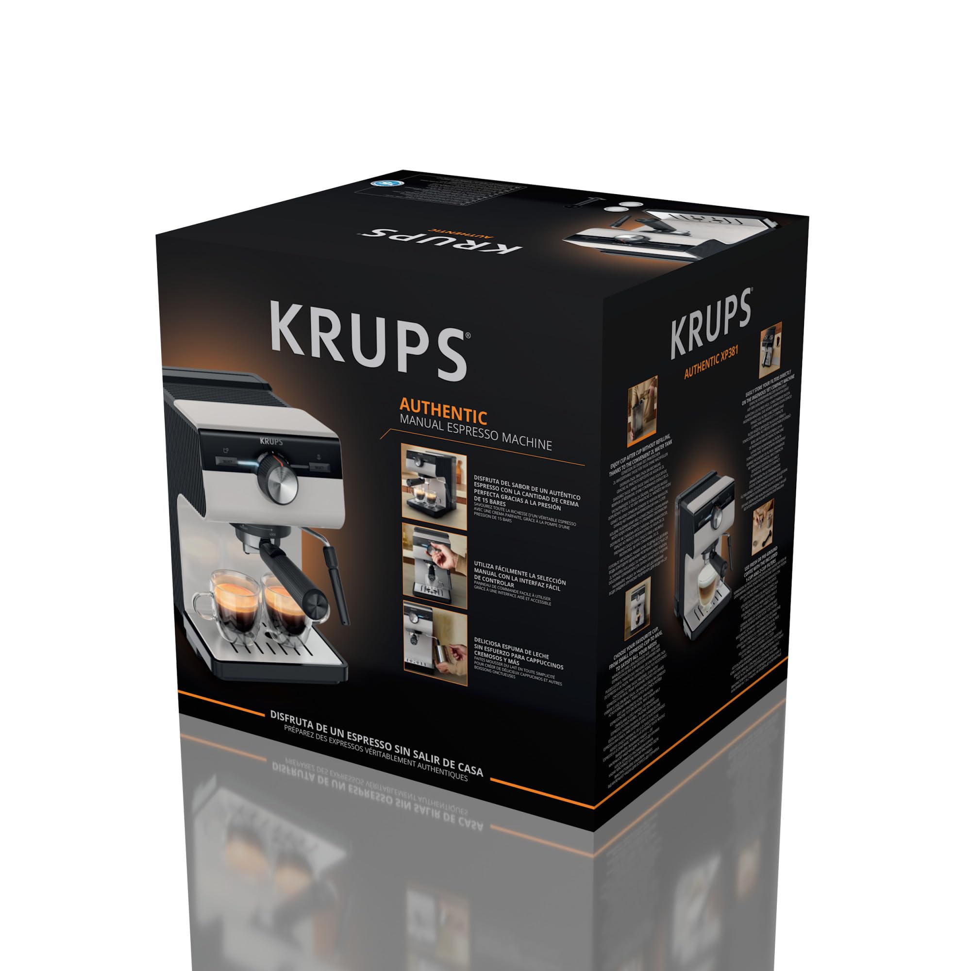 KRUPS Machine espresso manuelle, Qualité Barista, Espresso et Cappuccinos, Buse vapeur, Rangement des filtres inclus, Gris clair, Authentic, XP381B10