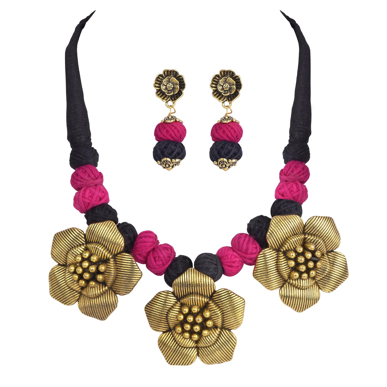 JFL - Jewellery for Less Gold Plated Big Flower Pendant Necklace Set with Cotton Beads and Adjustable Thread Handcrafted for Women and Girls (Dark Rani Pink & Black) (B0CZ4D8KPX) Amazon Price History, Amazon Price Tracker