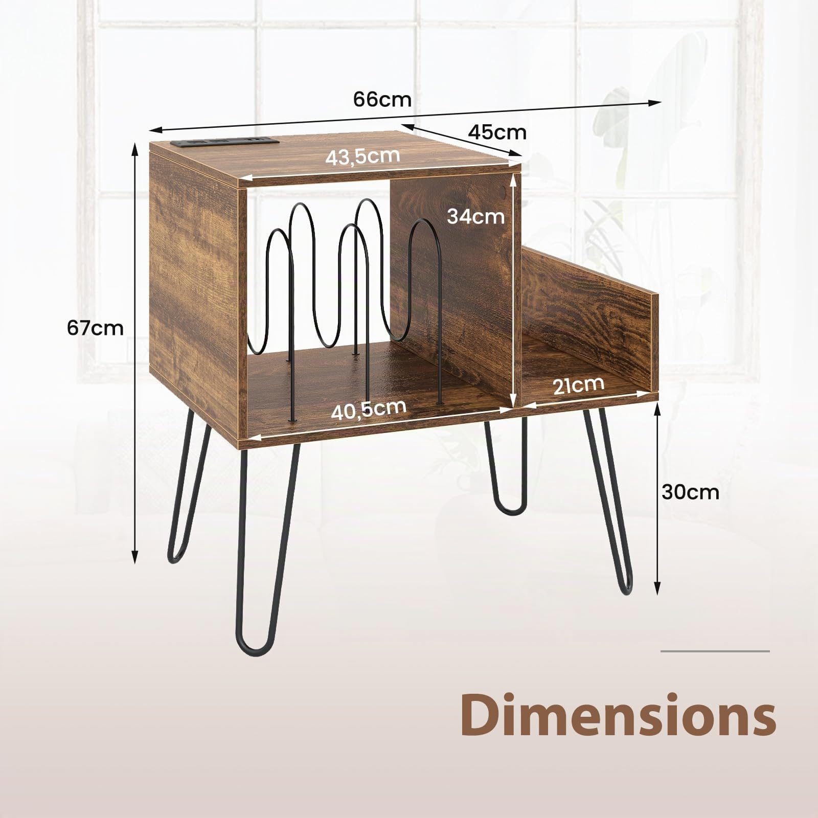 COSTWAY Meuble Tourne-Disque Vinyle avec Prise, Support Tourne-disque pour 145 Albums, Station de Charge, 2 Ports USB, 4 Pieds Amovibles, 3 Séparateurs, Étagère de Rangement sur Table (Brun rustique)