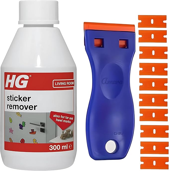 Sticky Stuff Remover with Amara Plastic Scraper & 10 Blades - HG Sticker Remover 300ml & Plastic Scraper - Sticker Remover, Sticky Label Remover, Adhesive Remover, Glue Remover and Car Sticker Remover