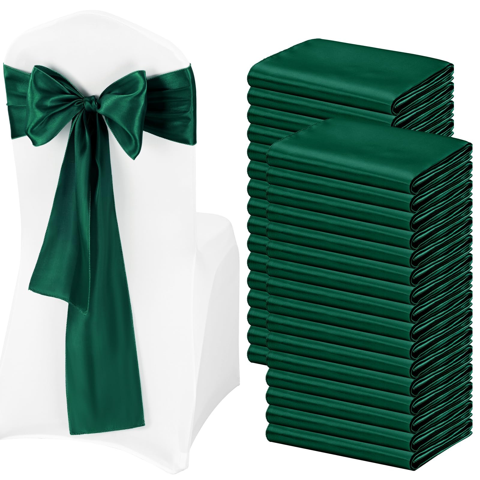 100Pcs Forest Green Satin Chair Sashes Ties, Satin Chair Sashes Bows Chair Cover Back Tie Supplies for Wedding Reception Events Banquets Party, Hotel